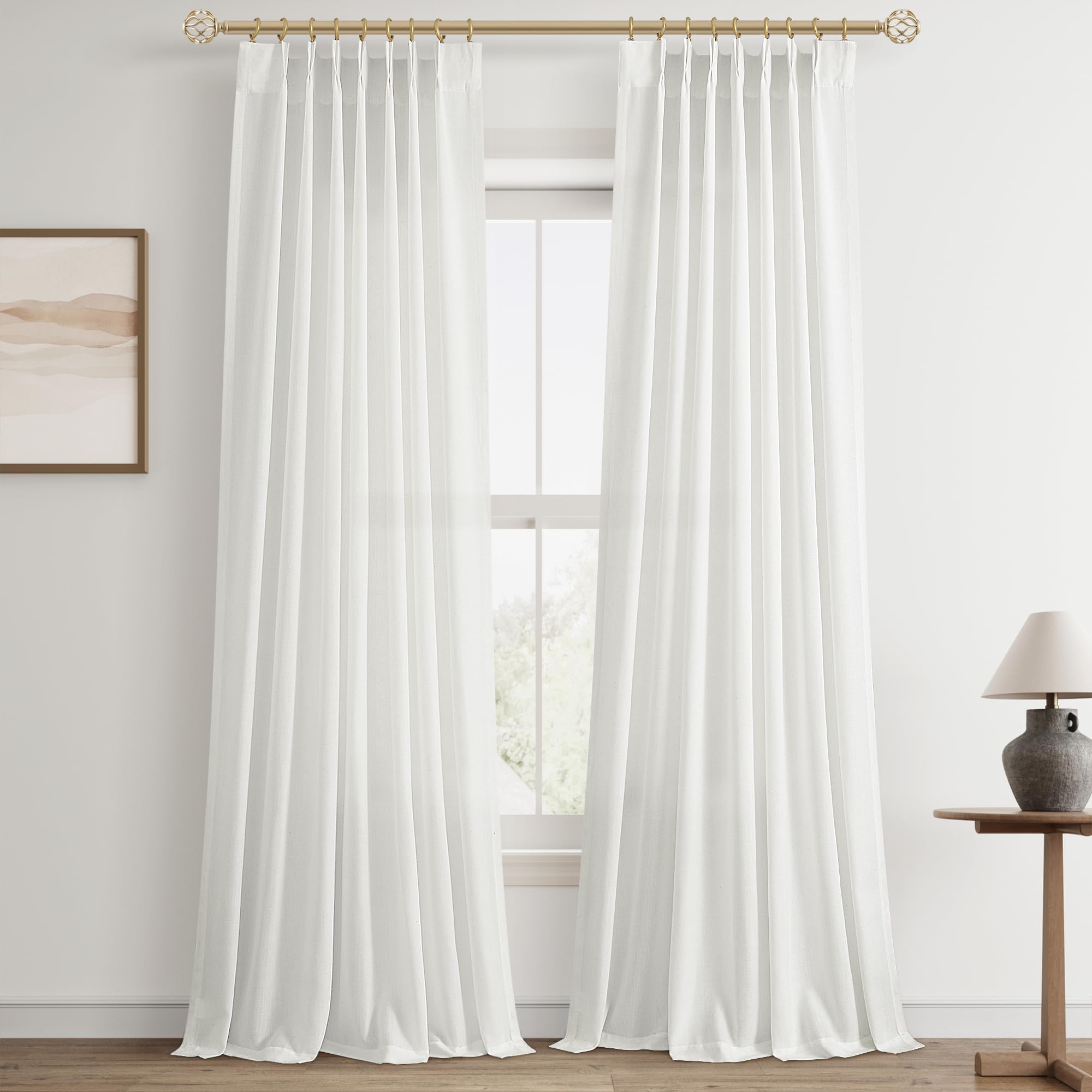 Extra Long Linen Curtains 108 Inch for Living Room Cream Pinch Pleated 9 FT Drapes Semi Sheer Ceiling to Floor Curtain for Bedroom Back Tab Flax Neutral Boho Decor Window, Natural Beige Ivory 2 Panels
