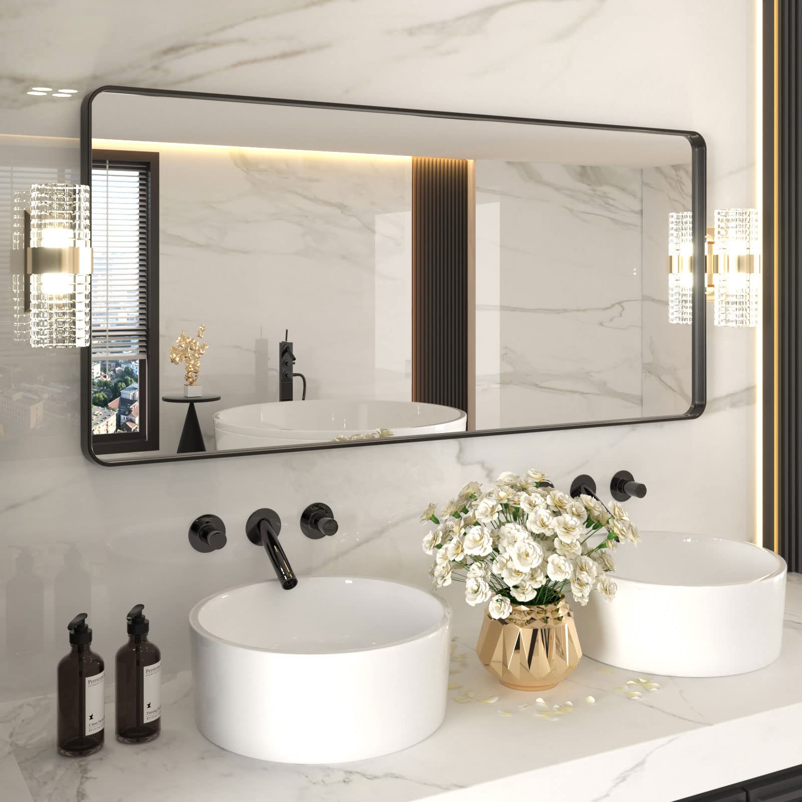 LOAAO Black Metal Framed Bathroom Mirror for Wall, 22X30 Inch Rounded Rectangle Mirror, Matte Black Bathroom Vanity Mirror Farmhouse, Anti-Rust, Hangs Horizontally or Vertically