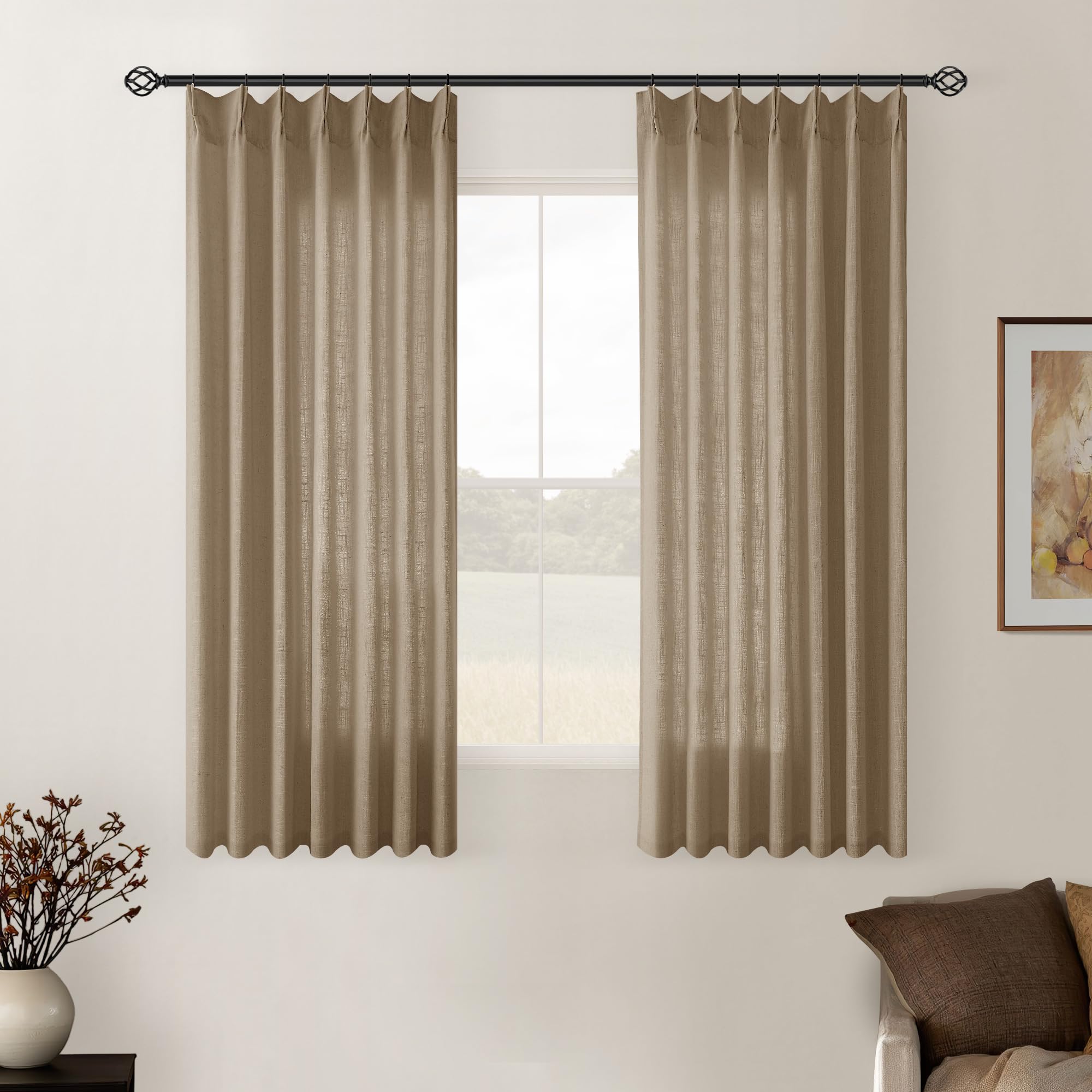 Pinch Pleated Linen Curtains 108 Inches Long for Living Room 2 Panels Set Cream Ivory Flax Double Pleated Drapes Back Tab Neutral Boho Ceiling Floor 108 Inch Window Curtains Bedroom Natural Birch
