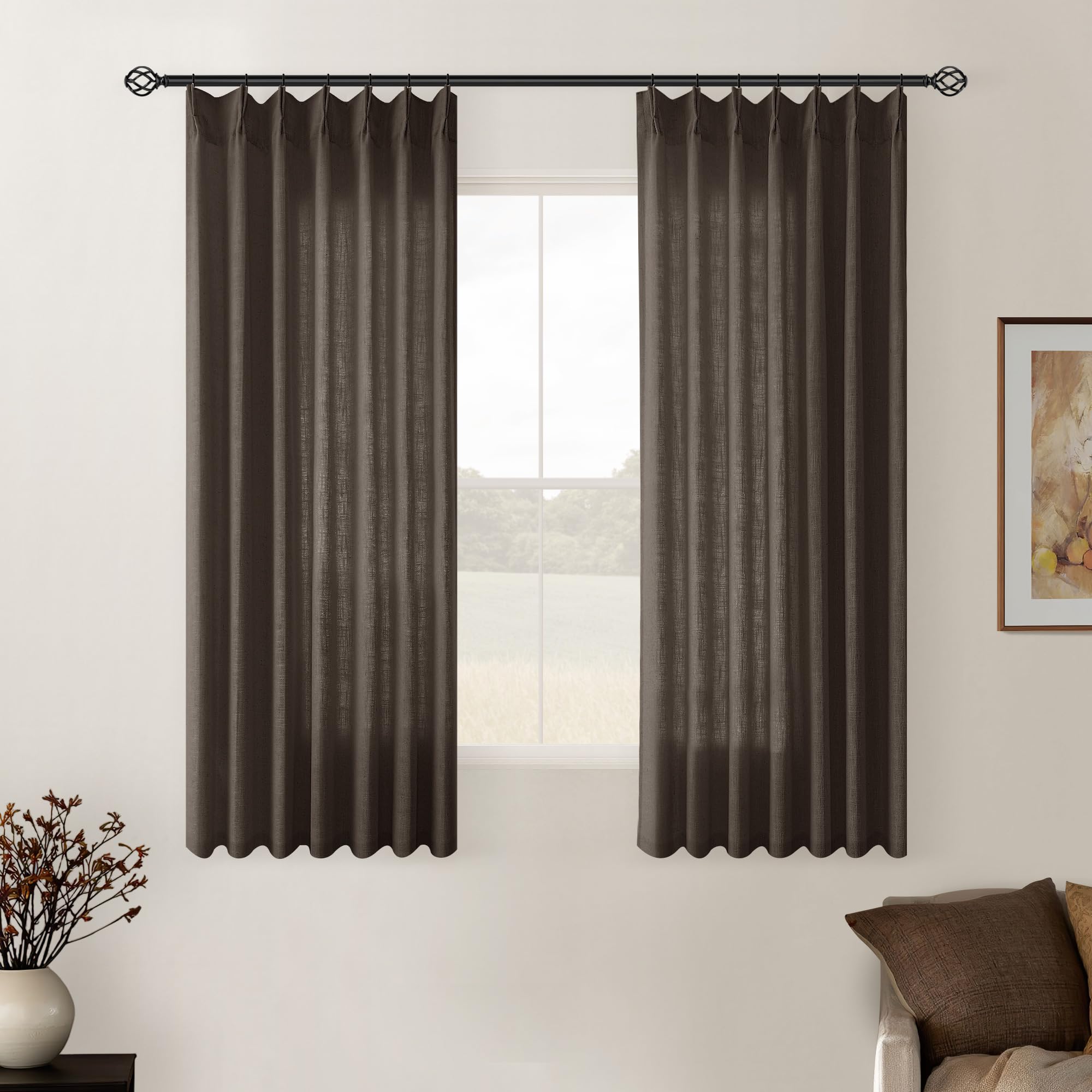 Pinch Pleated Linen Curtains 108 Inches Long for Living Room 2 Panels Set Cream Ivory Flax Double Pleated Drapes Back Tab Neutral Boho Ceiling Floor 108 Inch Window Curtains Bedroom Natural Birch