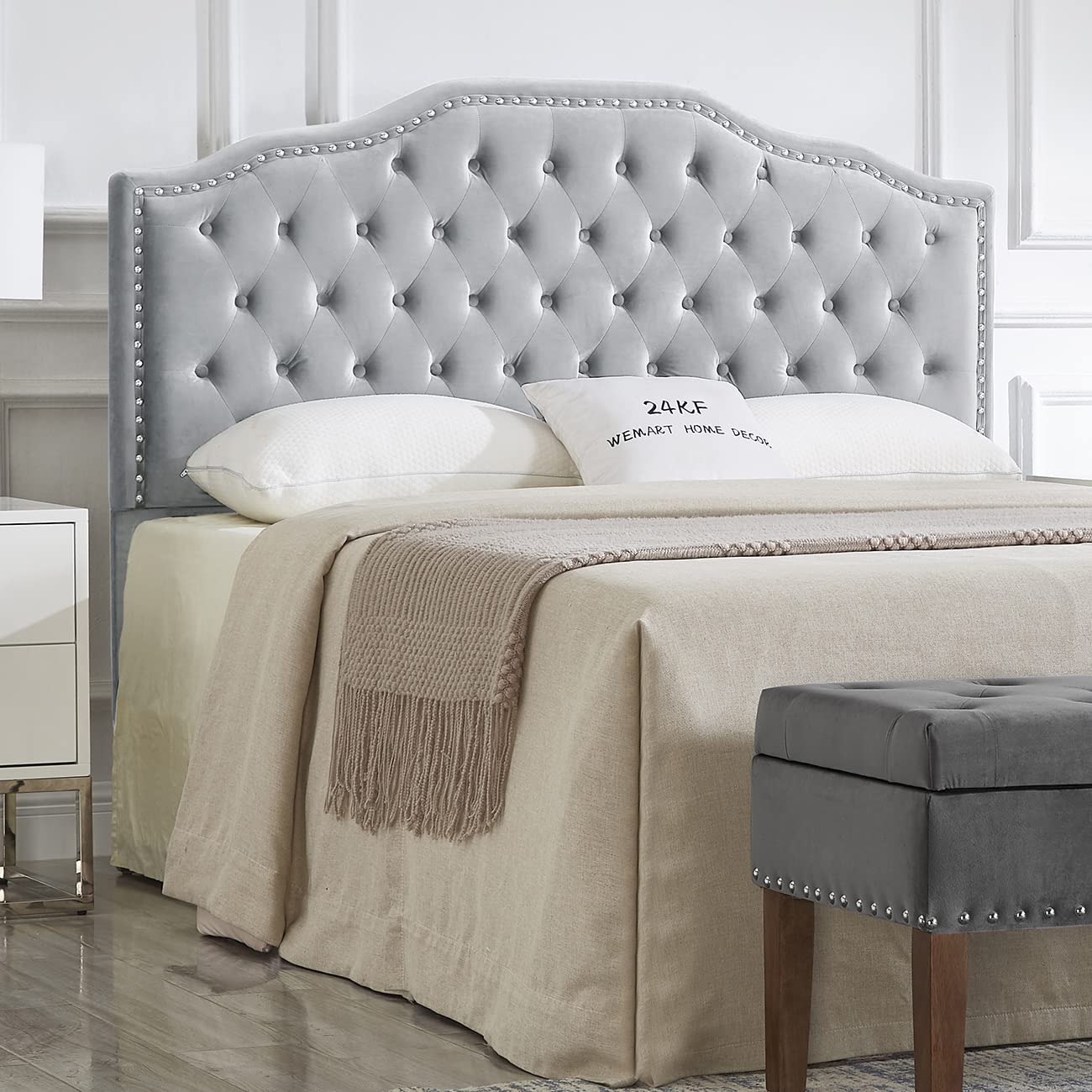 24KF Upholstered Button Tufted Queen Headboard with Nailhead Trim, Elegant Boucle Fabric Full headboard, 6031-Q-Boucle-Ivory