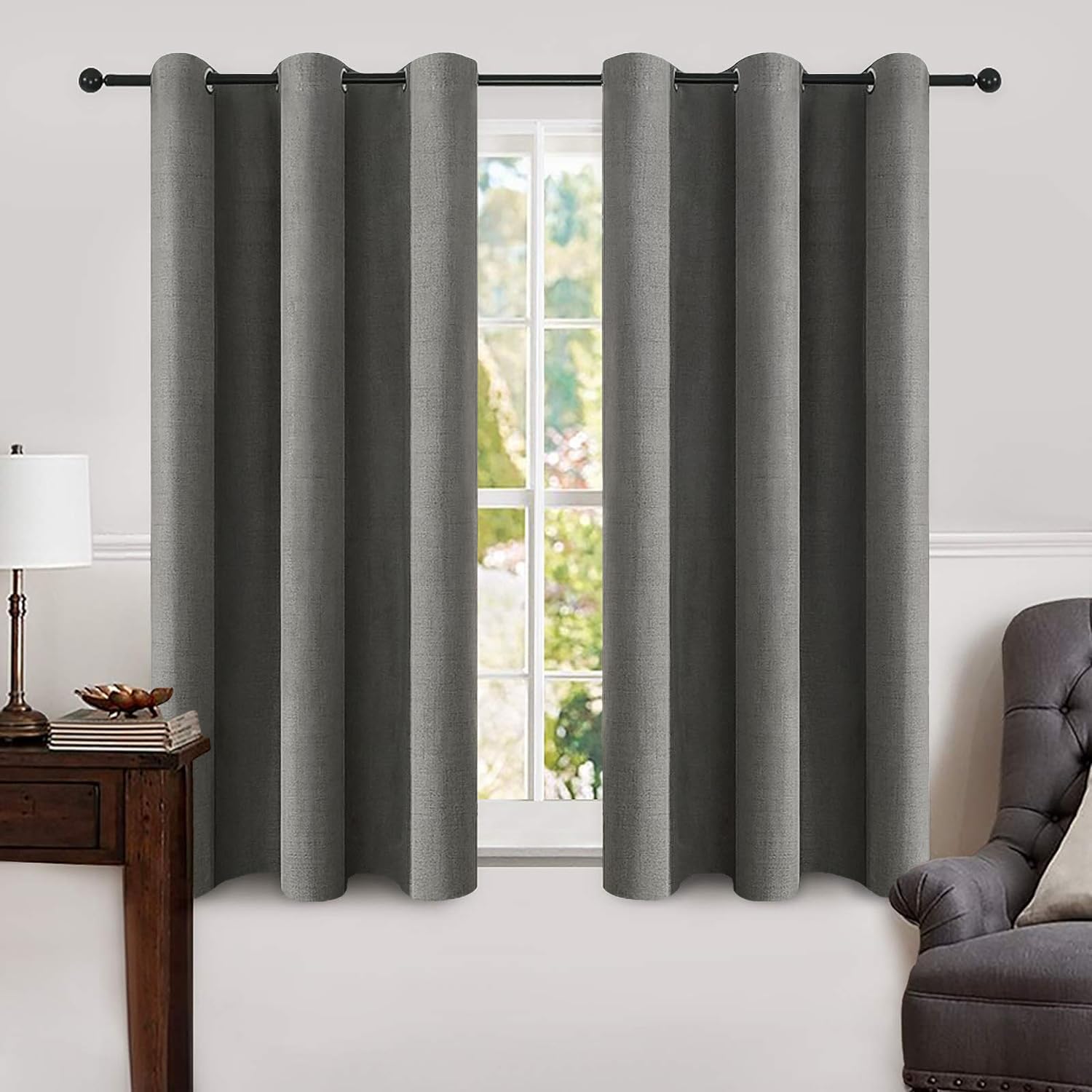 MIULEE Linen Texture Curtains for Bedroom Solid 100% Blackout Thermal Insulated Dusty Blue Curtains Grommet Room Darkening Drapes Luxury Decor for Living Room Nursery 52x84 Inch (2 Panels)