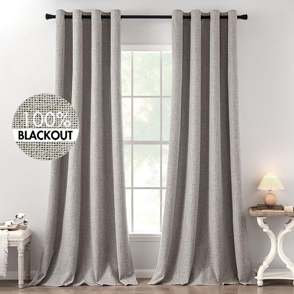 MIULEE Linen Texture Curtains for Bedroom Solid 100% Blackout Thermal Insulated Dusty Blue Curtains Grommet Room Darkening Drapes Luxury Decor for Living Room Nursery 52x84 Inch (2 Panels)