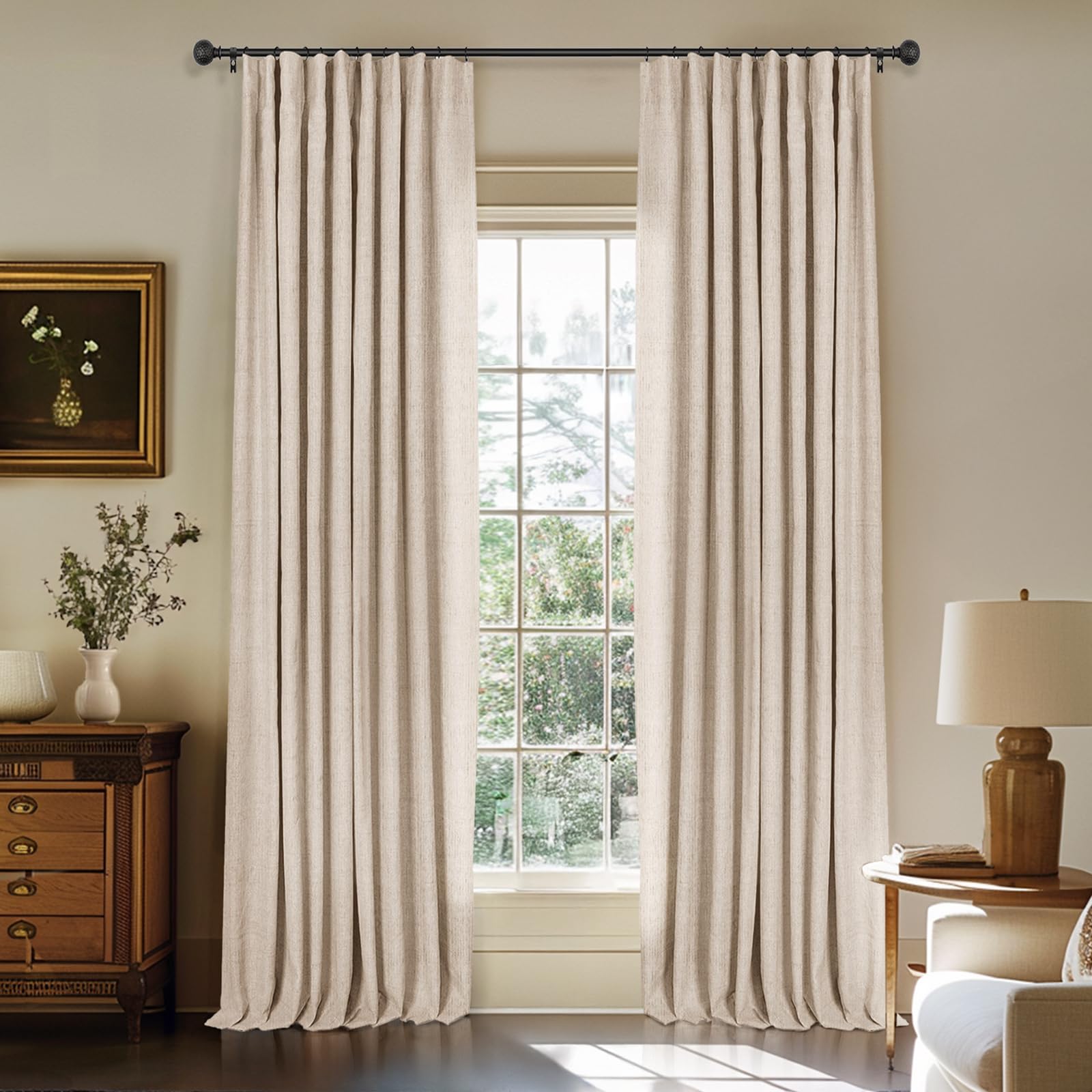 INOVADAY 100% Blackout Curtains for Bedroom, Black Out Curtains 84 Inch Long, Clip Rings Linen Blackout Drapes, Thermal Insulated Room Darkening for Living Room, 2 Panels - Beige,W50xL84