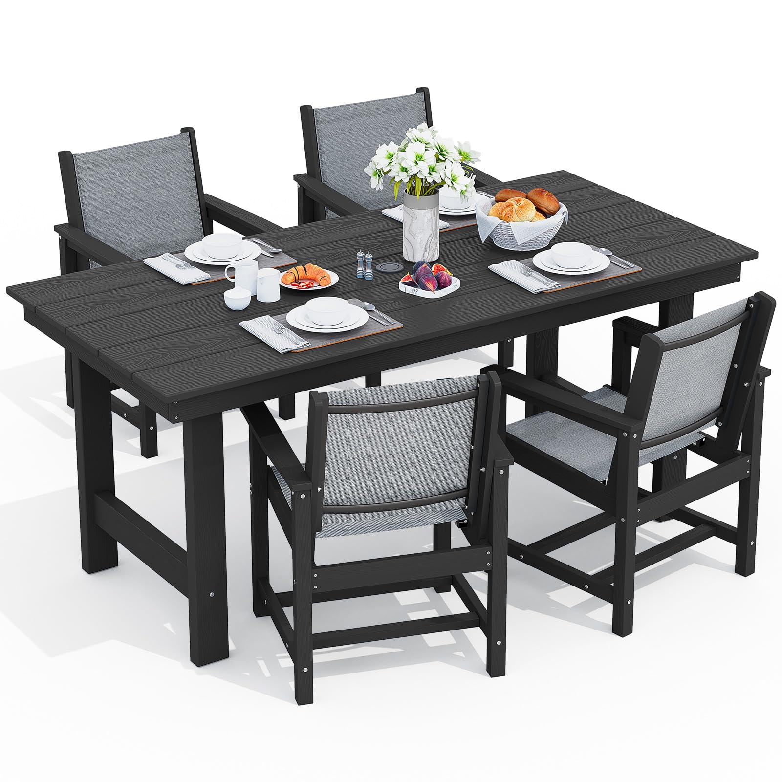 SERWALL Patio Dining Sets for 6 Person, HDPE Dining Set with 6 Armless Chairs, Black