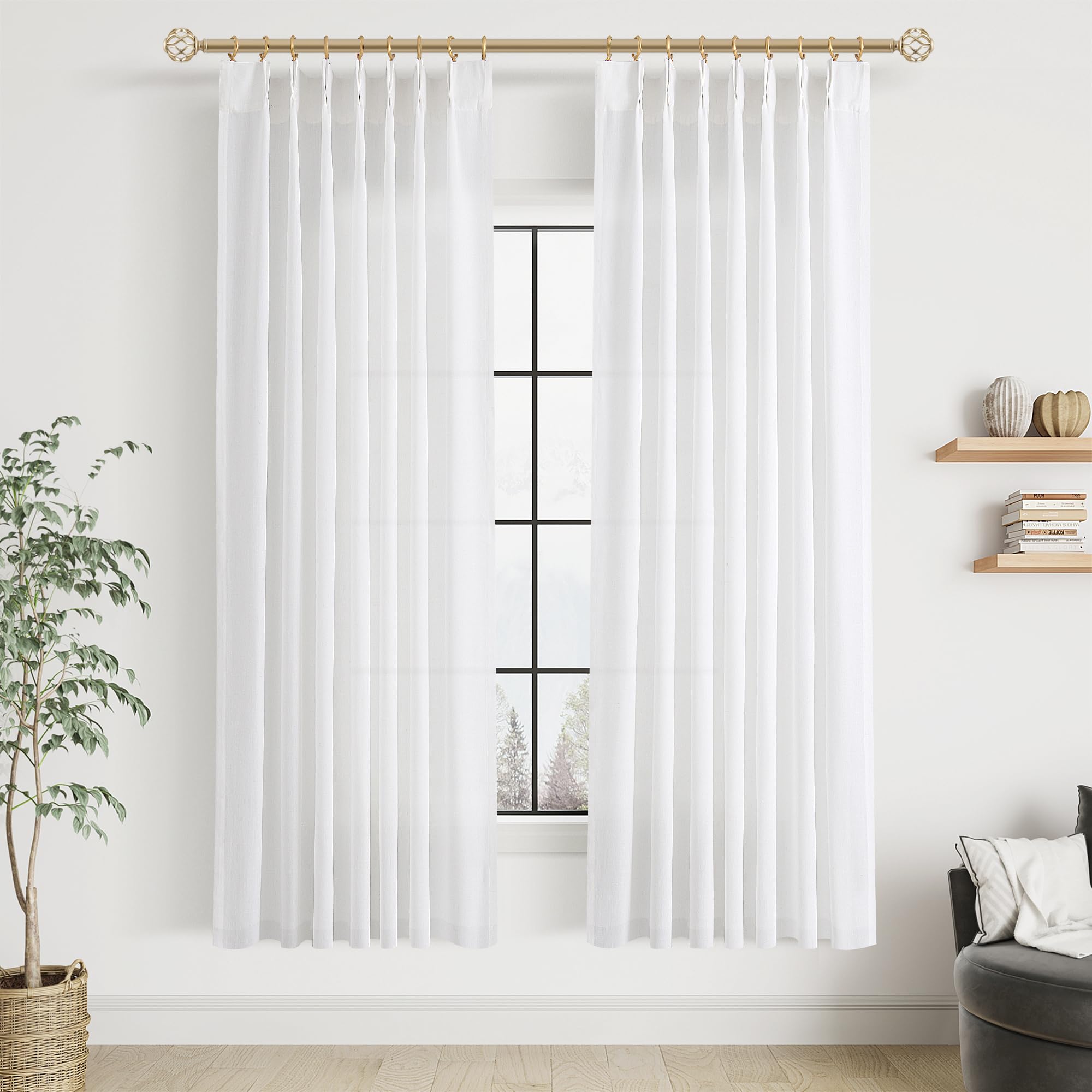 Extra Long Linen Curtains 108 Inch for Living Room Cream Pinch Pleated 9 FT Drapes Semi Sheer Ceiling to Floor Curtain for Bedroom Back Tab Flax Neutral Boho Decor Window, Natural Beige Ivory 2 Panels