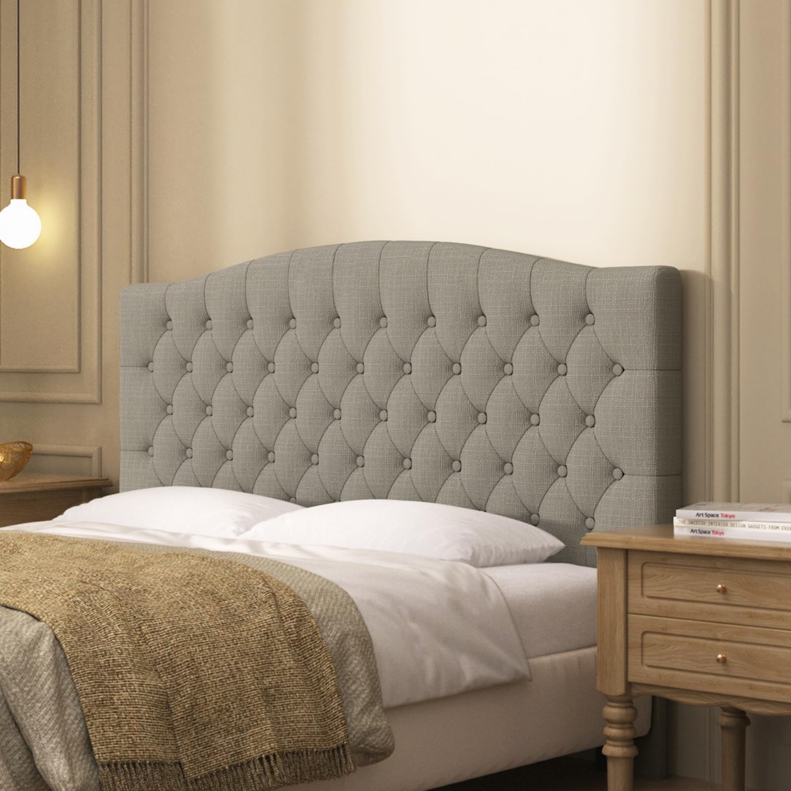 Furpopup Linen Upholstered Headboard Queen/Full Size Bed Tufted Button Headboard, Featuring High-Density Sponge Padding, Luxury Texture Easy Assembly Comfort and Style-Ivory