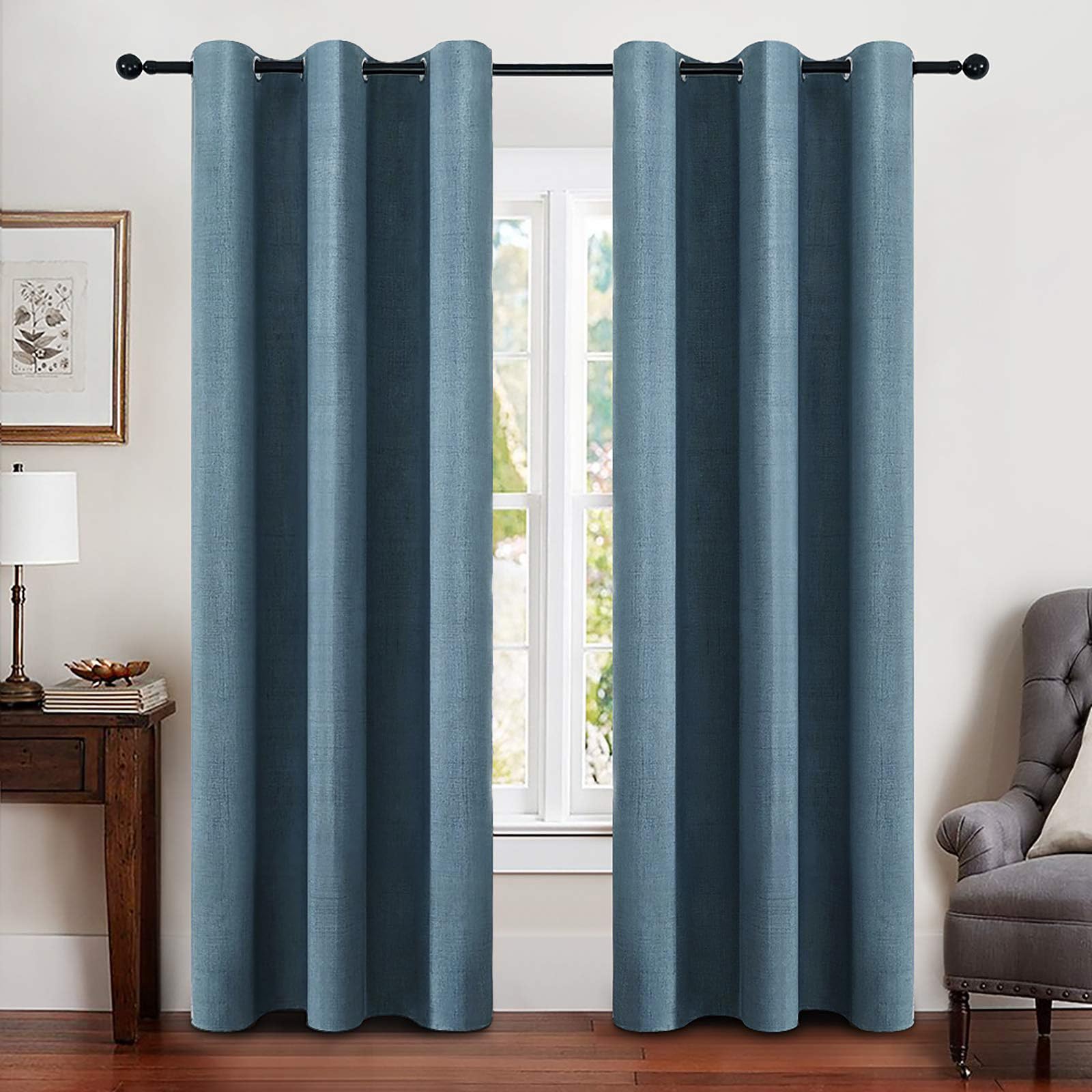 MIULEE Linen Texture Curtains for Bedroom Solid 100% Blackout Thermal Insulated Dusty Blue Curtains Grommet Room Darkening Drapes Luxury Decor for Living Room Nursery 52x84 Inch (2 Panels)