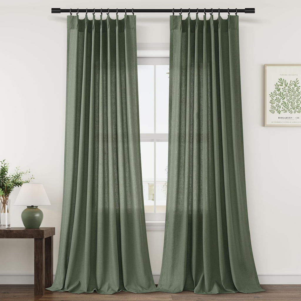 Extra Long Linen Curtains 108 Inch for Living Room Cream Pinch Pleated 9 FT Drapes Semi Sheer Ceiling to Floor Curtain for Bedroom Back Tab Flax Neutral Boho Decor Window, Natural Beige Ivory 2 Panels
