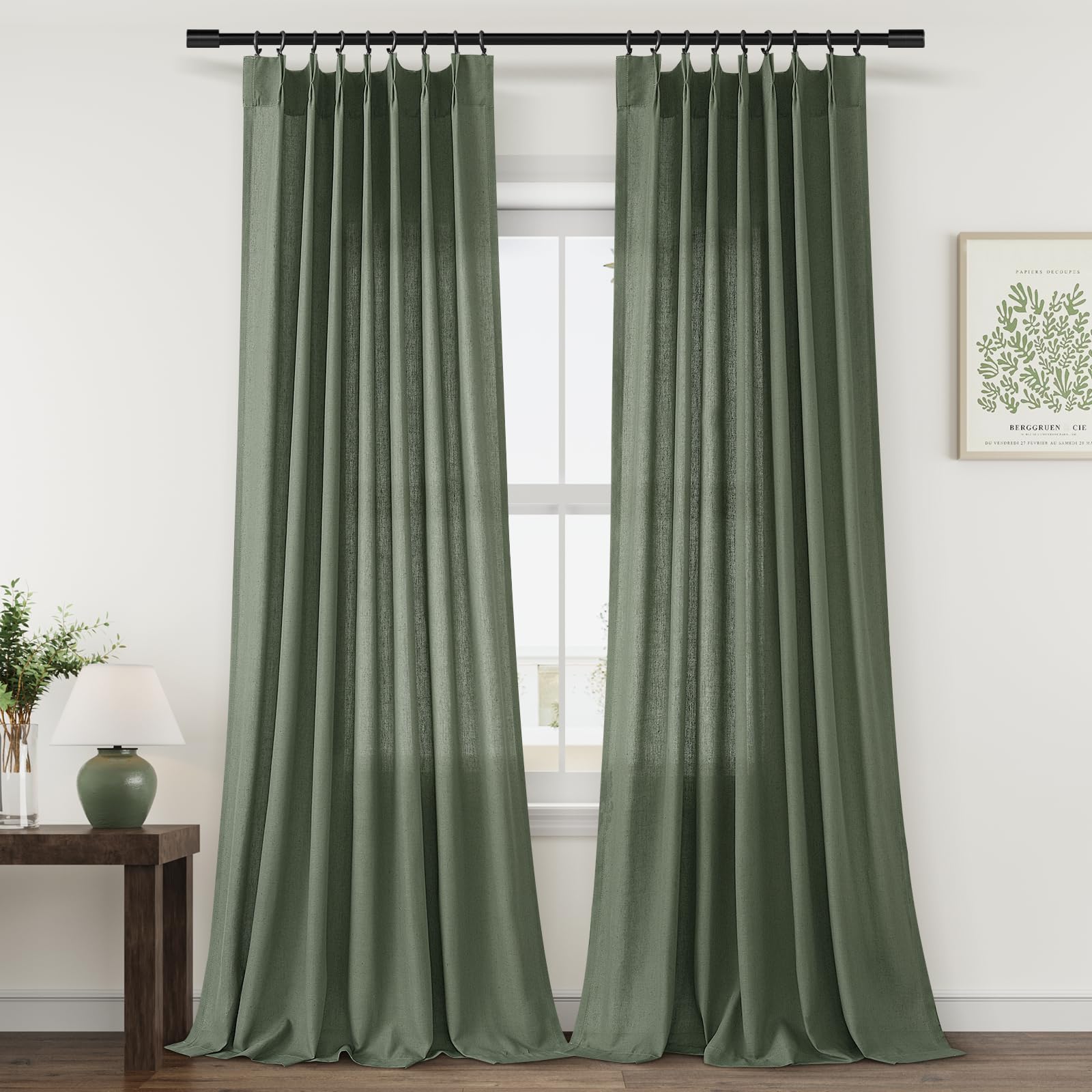 Extra Long Linen Curtains 108 Inch for Living Room Cream Pinch Pleated 9 FT Drapes Semi Sheer Ceiling to Floor Curtain for Bedroom Back Tab Flax Neutral Boho Decor Window, Natural Beige Ivory 2 Panels