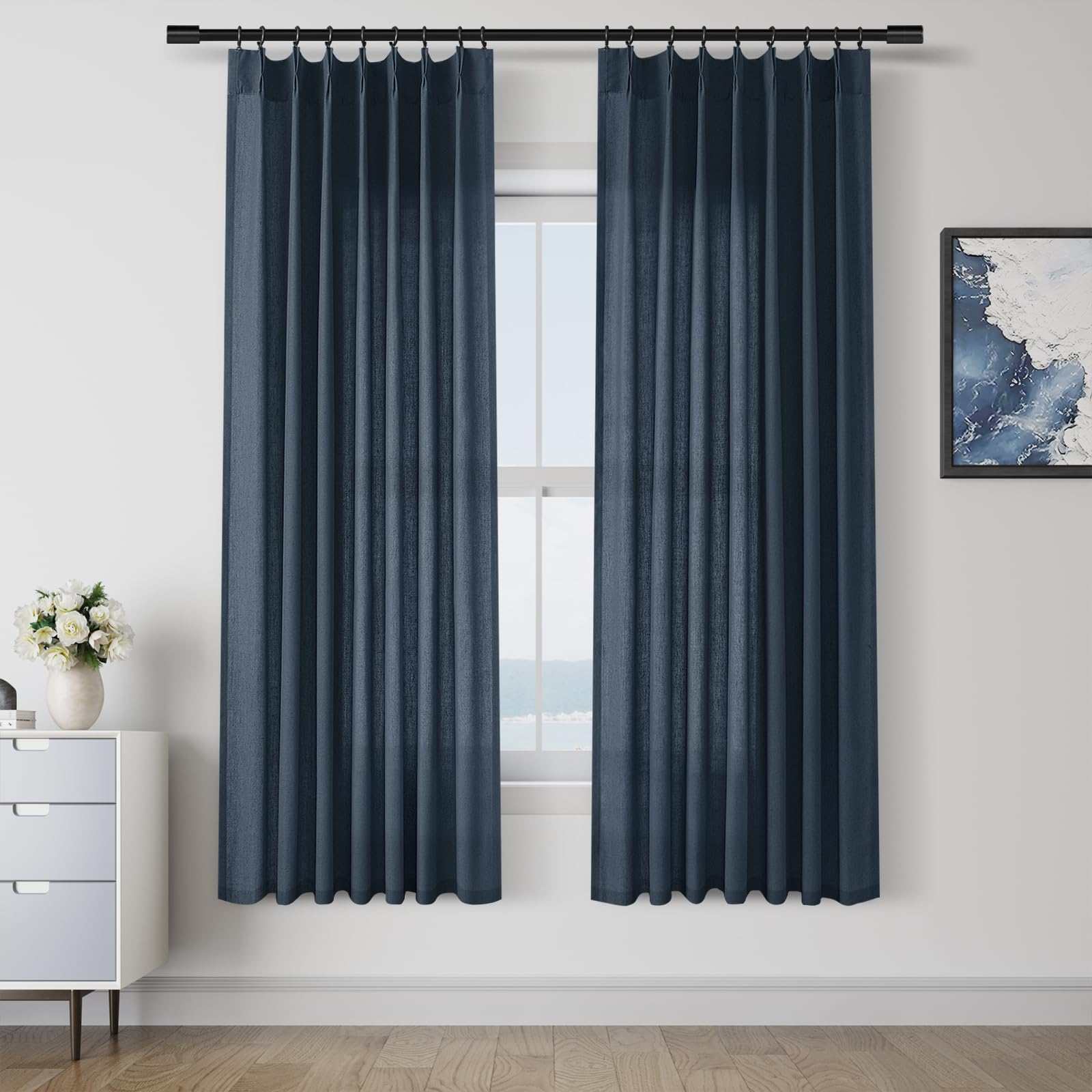 Extra Long Linen Curtains 108 Inch for Living Room Cream Pinch Pleated 9 FT Drapes Semi Sheer Ceiling to Floor Curtain for Bedroom Back Tab Flax Neutral Boho Decor Window, Natural Beige Ivory 2 Panels
