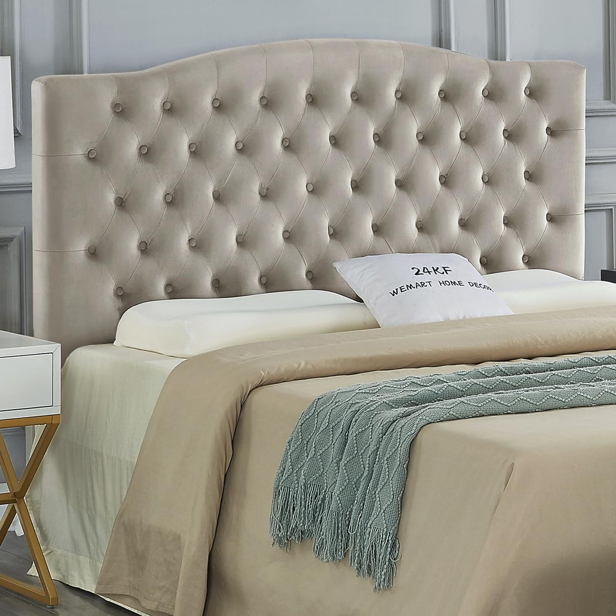 24KF Upholstered Tufted Button Linen Fabric Headboard,Comfortable Fashional Headboard Queen/Full Size,Ivory