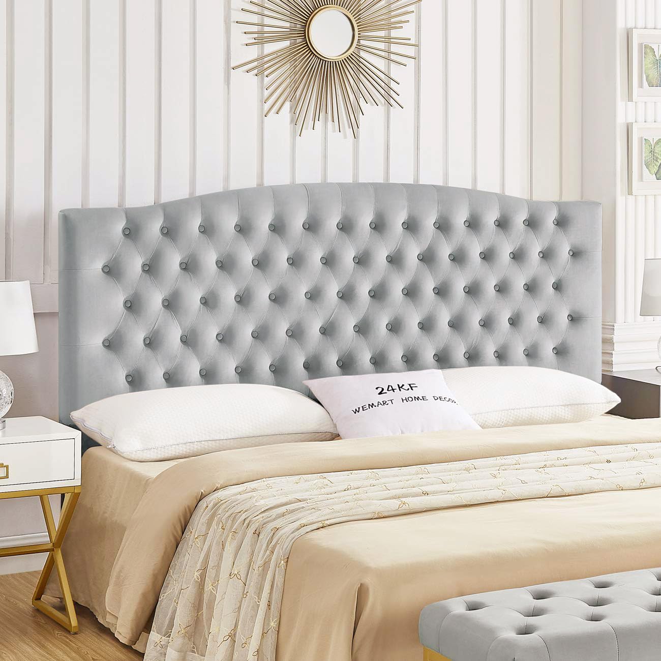 24KF Upholstered Tufted Button Linen Fabric Headboard,Comfortable Fashional Headboard Queen/Full Size,Ivory