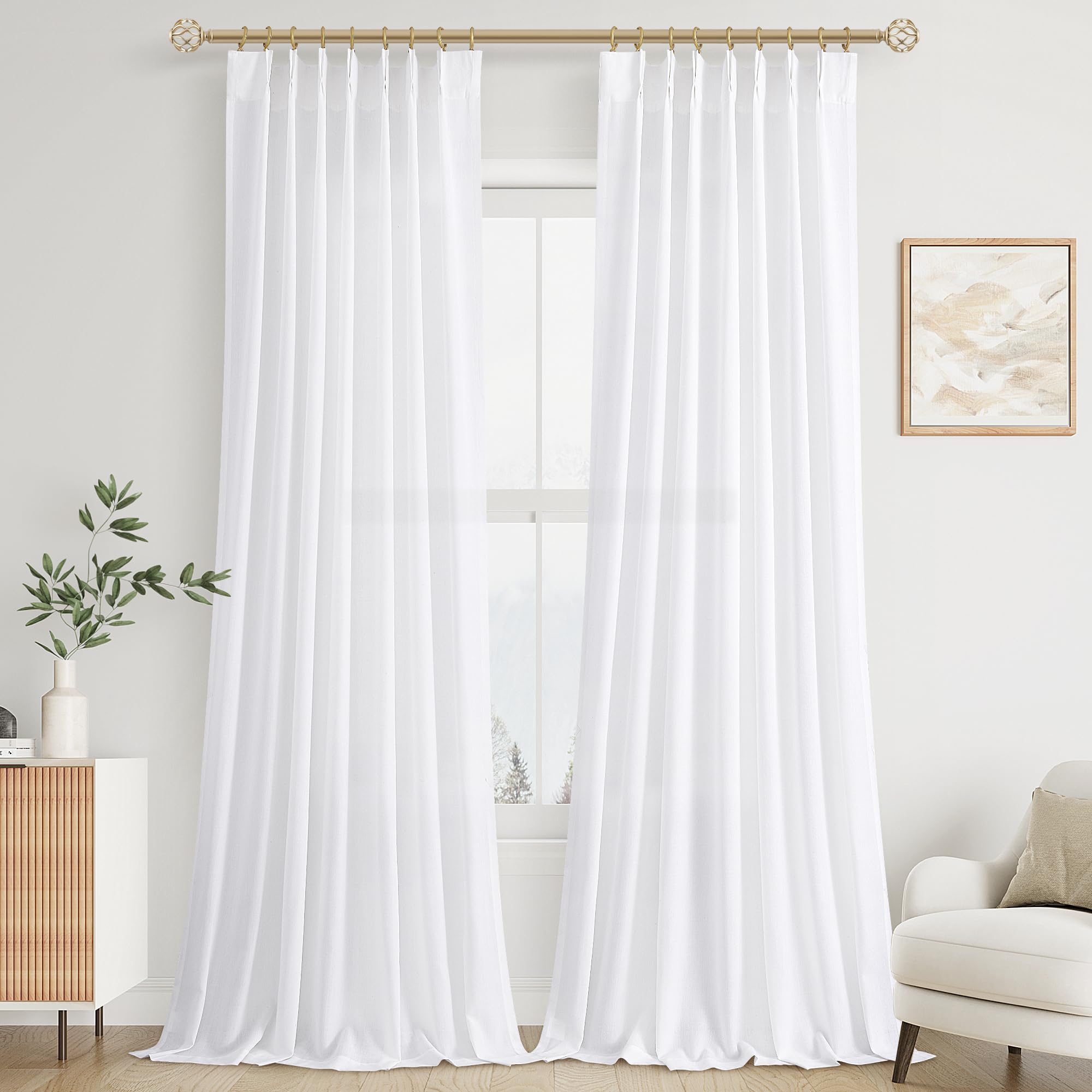 Extra Long Linen Curtains 108 Inch for Living Room Cream Pinch Pleated 9 FT Drapes Semi Sheer Ceiling to Floor Curtain for Bedroom Back Tab Flax Neutral Boho Decor Window, Natural Beige Ivory 2 Panels
