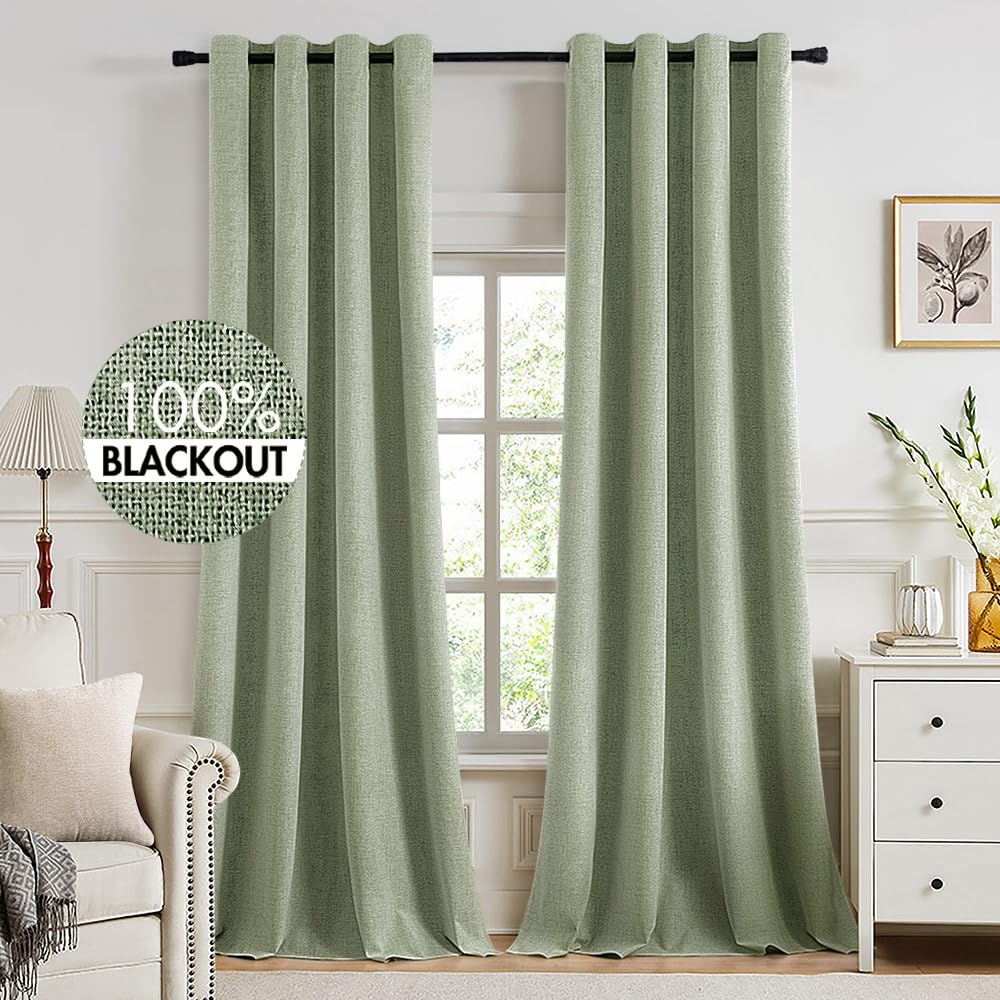 MIULEE Linen Texture Curtains for Bedroom Solid 100% Blackout Thermal Insulated Dusty Blue Curtains Grommet Room Darkening Drapes Luxury Decor for Living Room Nursery 52x84 Inch (2 Panels)