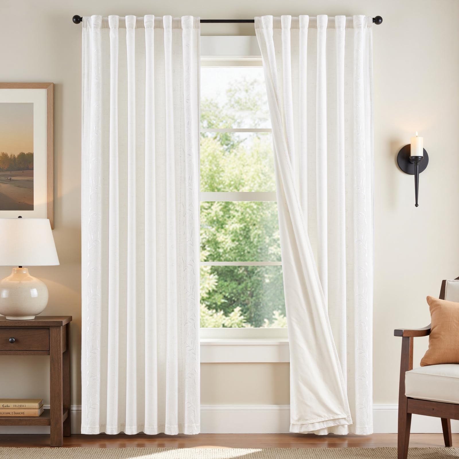 jinchan Winslow Linen Curtains for Bedroom 84 Inches Length Embroidered Bordered Floral Curtains for Living Room Farmhouse Decor Light Filtering Window Treatments Ivory on Beige Drapes 2 Panels