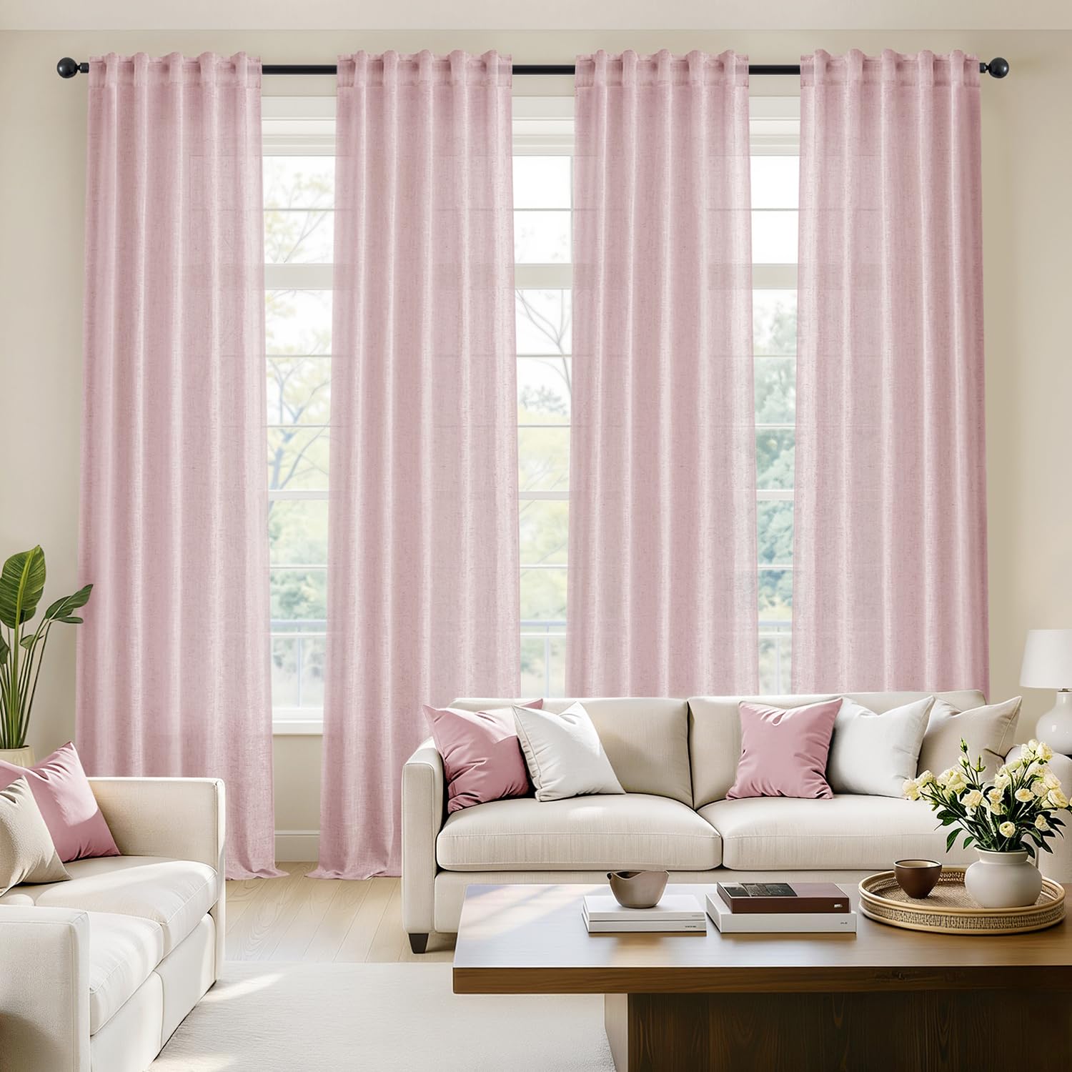 MIULEE Natural Linen Curtains 96 Inch Long 4 Panels Light Filtering Window Drapes with Rod Pocket Back Tab for Living Room Bedroom Farmhouse Decor 42" W x 96" L Inches
