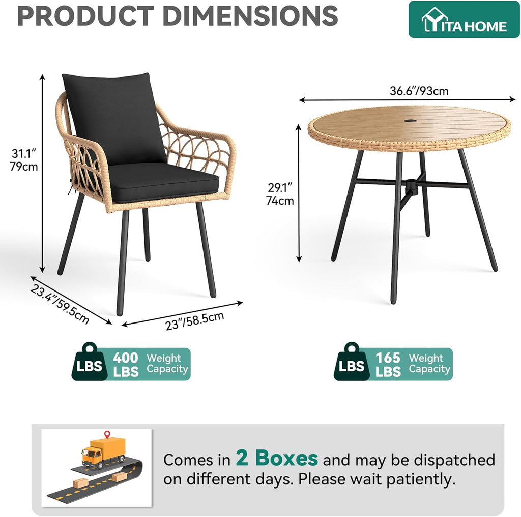YITAHOME Patio Dining Set with Umbrella Hole for 4, All-Weather Rattan Outdoor Dining Set 5pcs, Patio Dining Furniture Sets with 4 Ergonomic Armchairs, Outdoor Table and Chairs Set for Patio Backyard