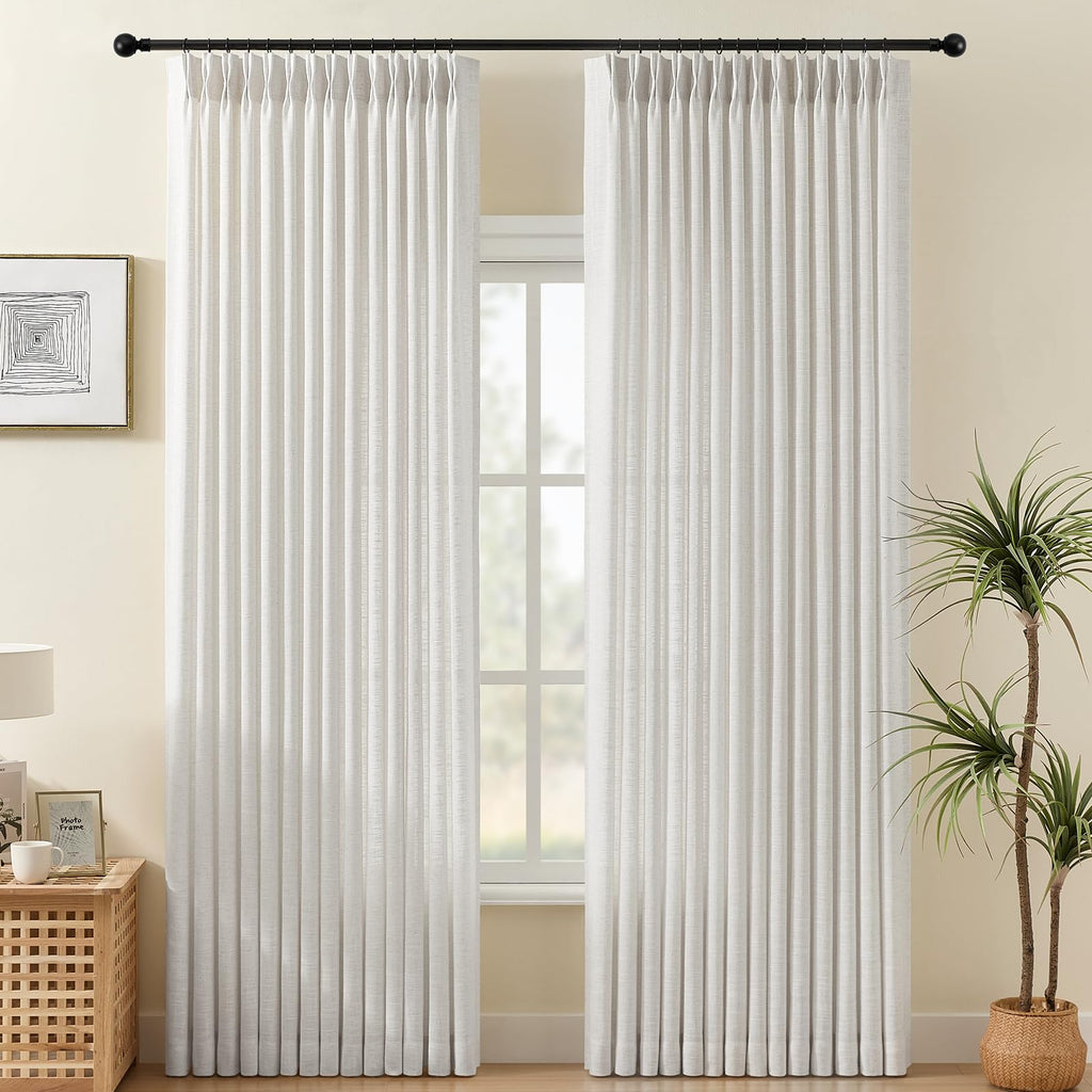 Pinch Pleated Linen Curtains 84 Inch Length 2 Panels Set, Light Filtering Linen Blend Sheer Drapes Memory Trained Pleated Curtain Back Tab with Hooks Rings for Living Room Bedroom, Natural, W40xL84