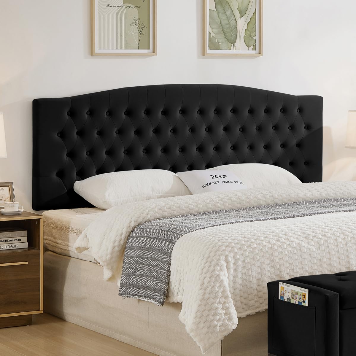 24KF Upholstered Tufted Button Linen Fabric Headboard,Comfortable Fashional Headboard Queen/Full Size,Ivory