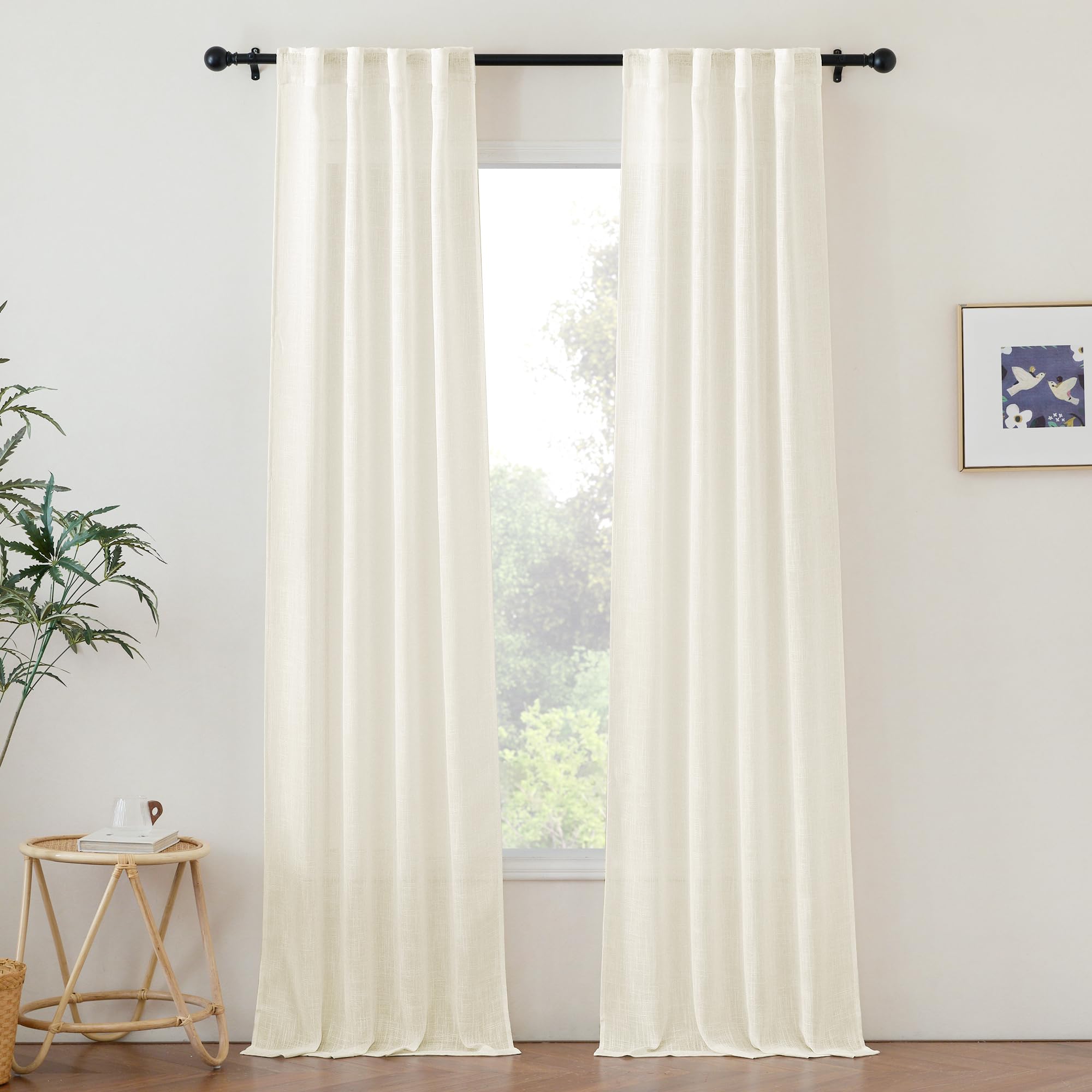 NICETOWN 120 inch Curtains Linen Blend for Bedroom, Rod Pocket & Back Tab Natural Linen Burlap Semi Sheer Window Treatments Privacy with Light Filtering for Living Room, W52 x L120, 2 Panels