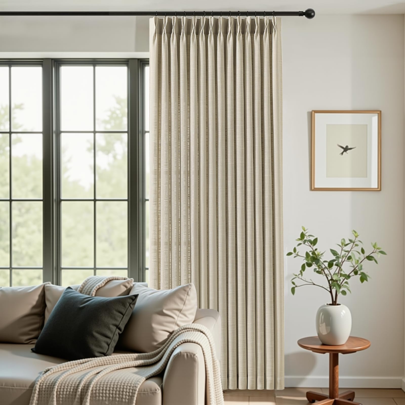 Pinch Pleated Linen Curtains 84 Inch Length 2 Panels Set, Light Filtering Linen Blend Sheer Drapes Memory Trained Pleated Curtain Back Tab with Hooks Rings for Living Room Bedroom, Natural, W40xL84