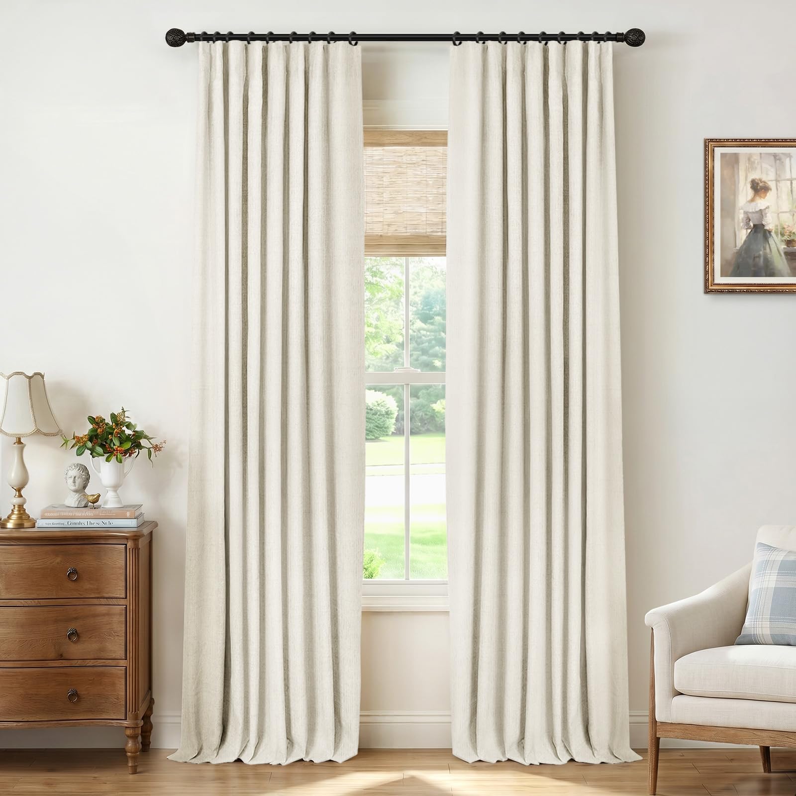 INOVADAY 100% Blackout Curtains for Bedroom, Black Out Curtains 84 Inch Long, Clip Rings Linen Blackout Drapes, Thermal Insulated Room Darkening for Living Room, 2 Panels - Beige,W50xL84