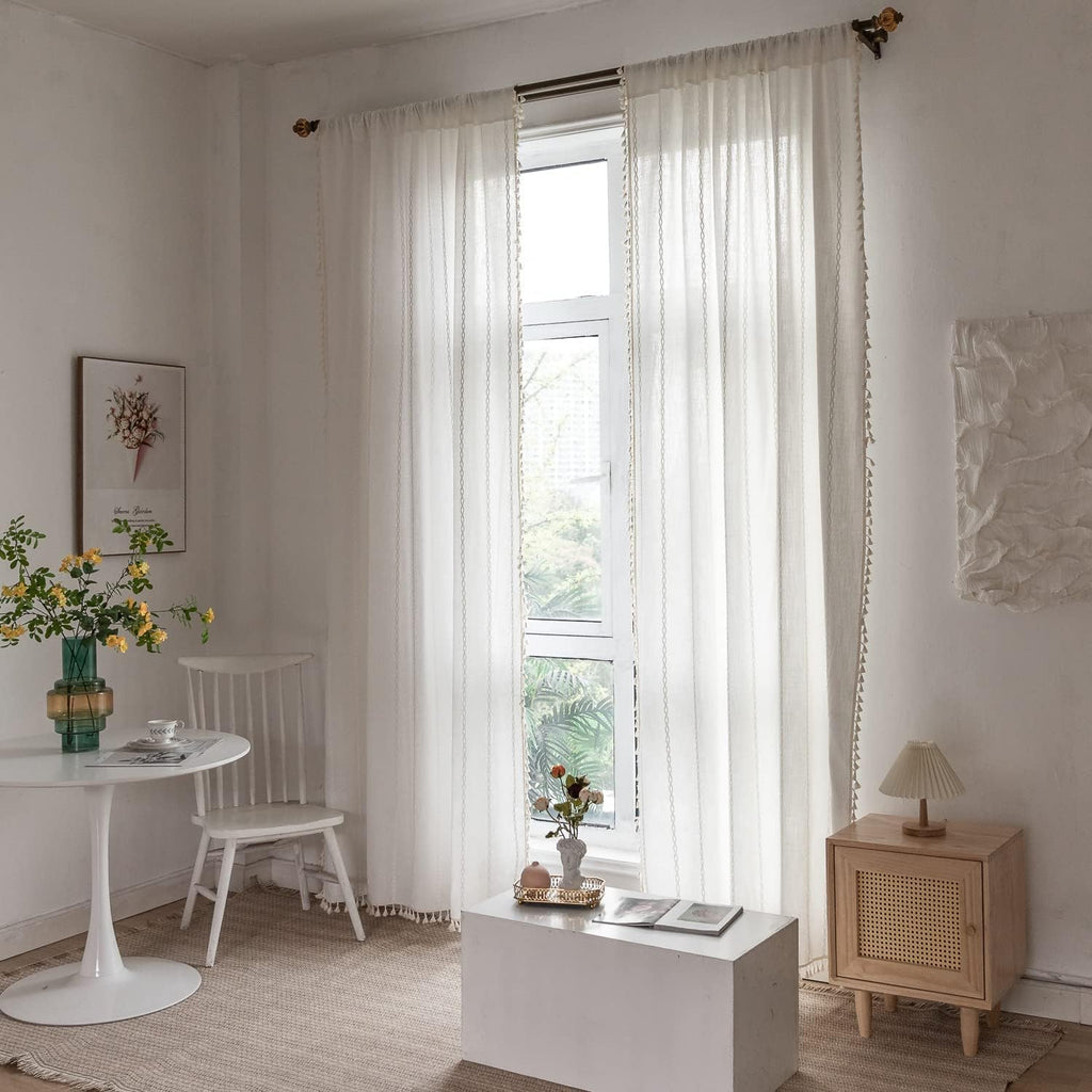 Boho Curtains Semi-Blackout 84 Inch 2 Panels for Living Room, Linen Tassels Farmhouse Curtains with Embroidery for Bedroom Rod Pocket Draperies 52" W x 84" L, Off White