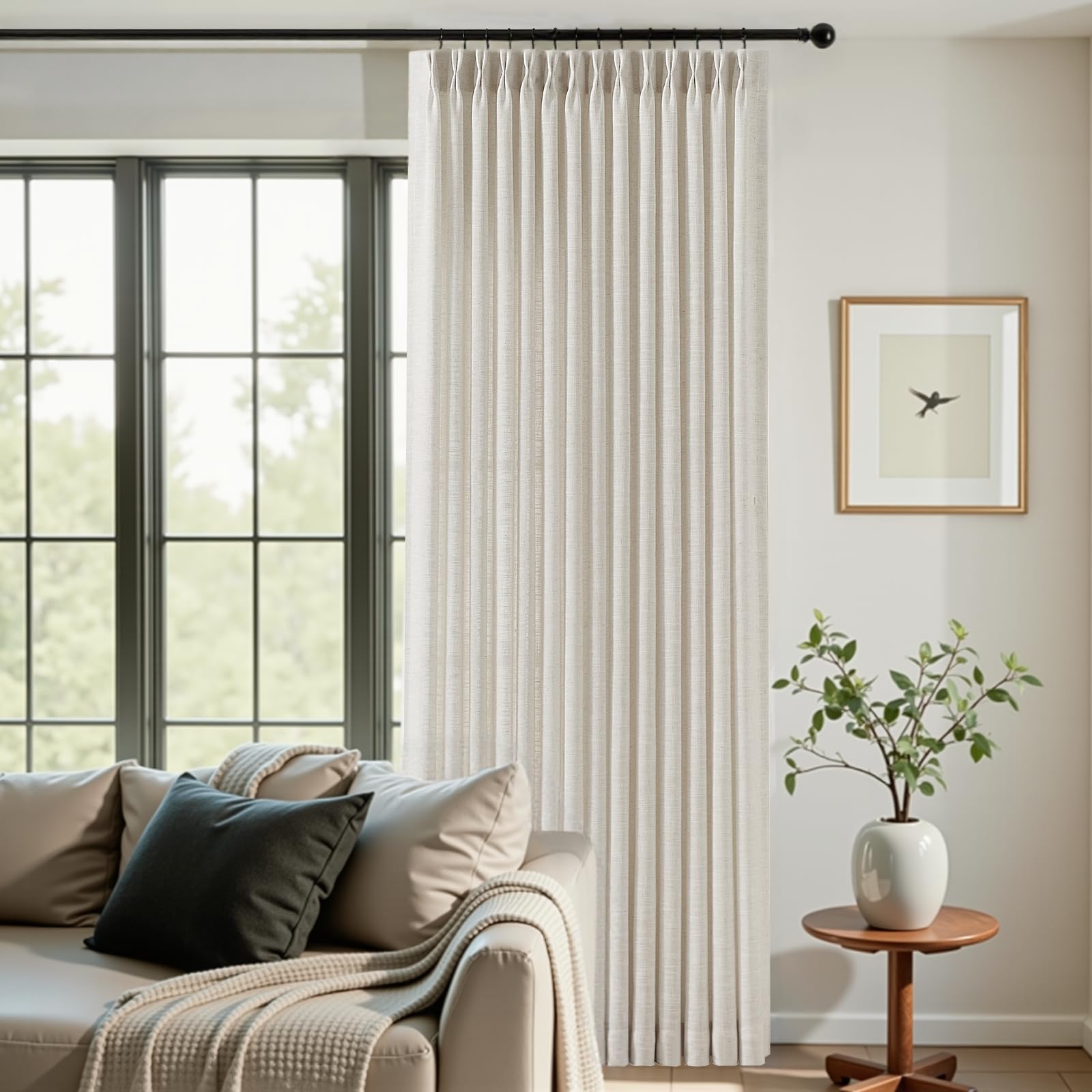 Pinch Pleated Linen Curtains 84 Inch Length 2 Panels Set, Light Filtering Linen Blend Sheer Drapes Memory Trained Pleated Curtain Back Tab with Hooks Rings for Living Room Bedroom, Natural, W40xL84