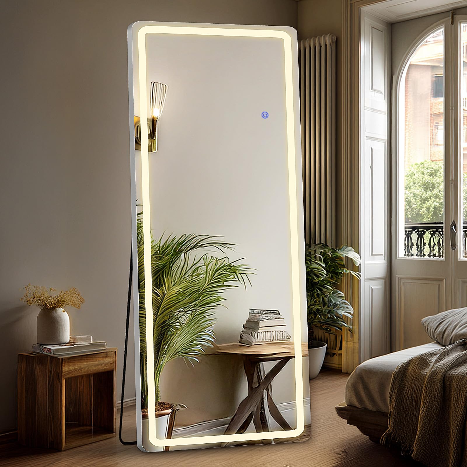 DUMOS Arched LED Mirror Full Length with Stand, 16"x60" Full Body Wall Mirror with LED Lights 3 Color Lighting, Hanging or Leaning, Floor Standing, Modern Simple Home Wall Decor