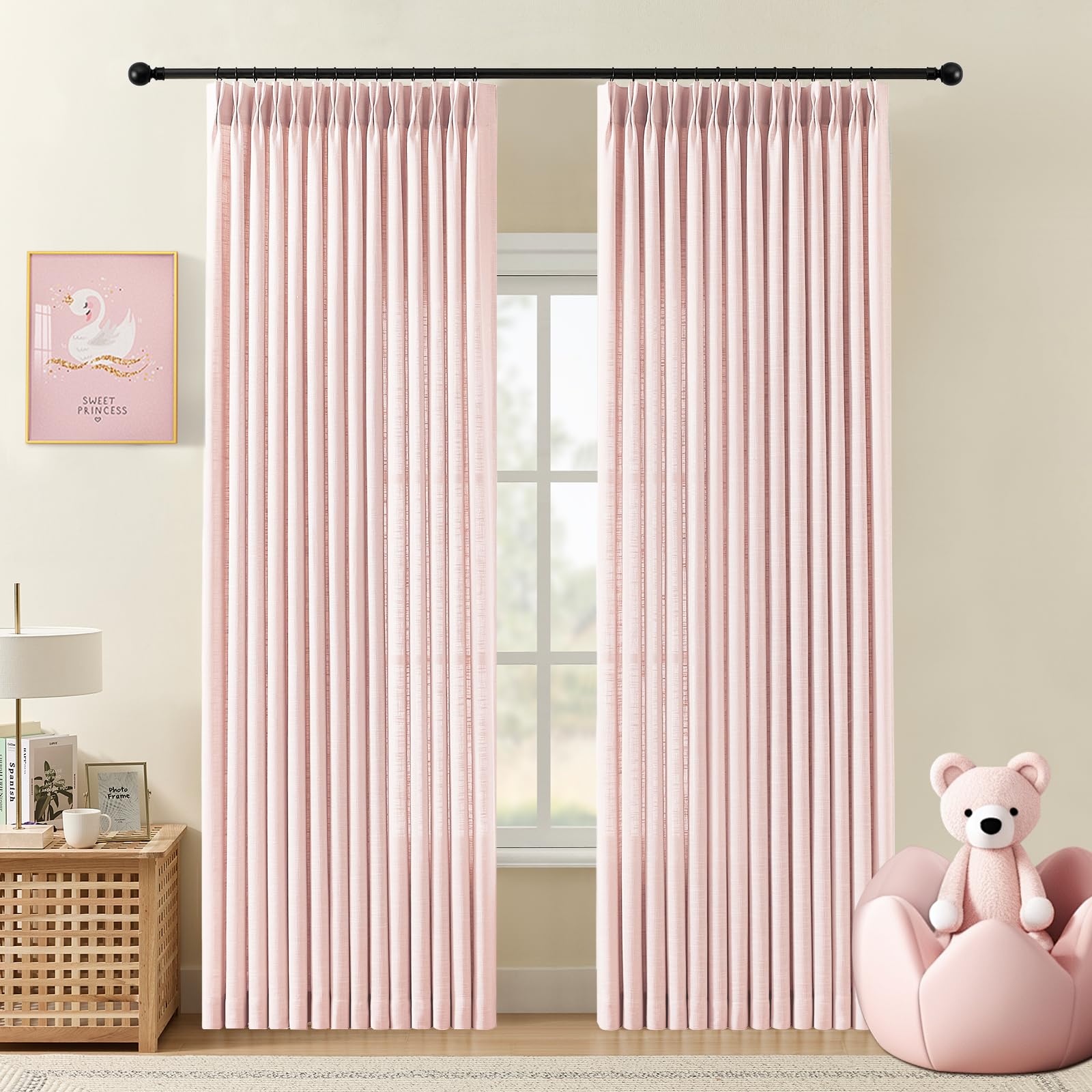 Pinch Pleated Linen Curtains 84 Inch Length 2 Panels Set, Light Filtering Linen Blend Sheer Drapes Memory Trained Pleated Curtain Back Tab with Hooks Rings for Living Room Bedroom, Natural, W40xL84