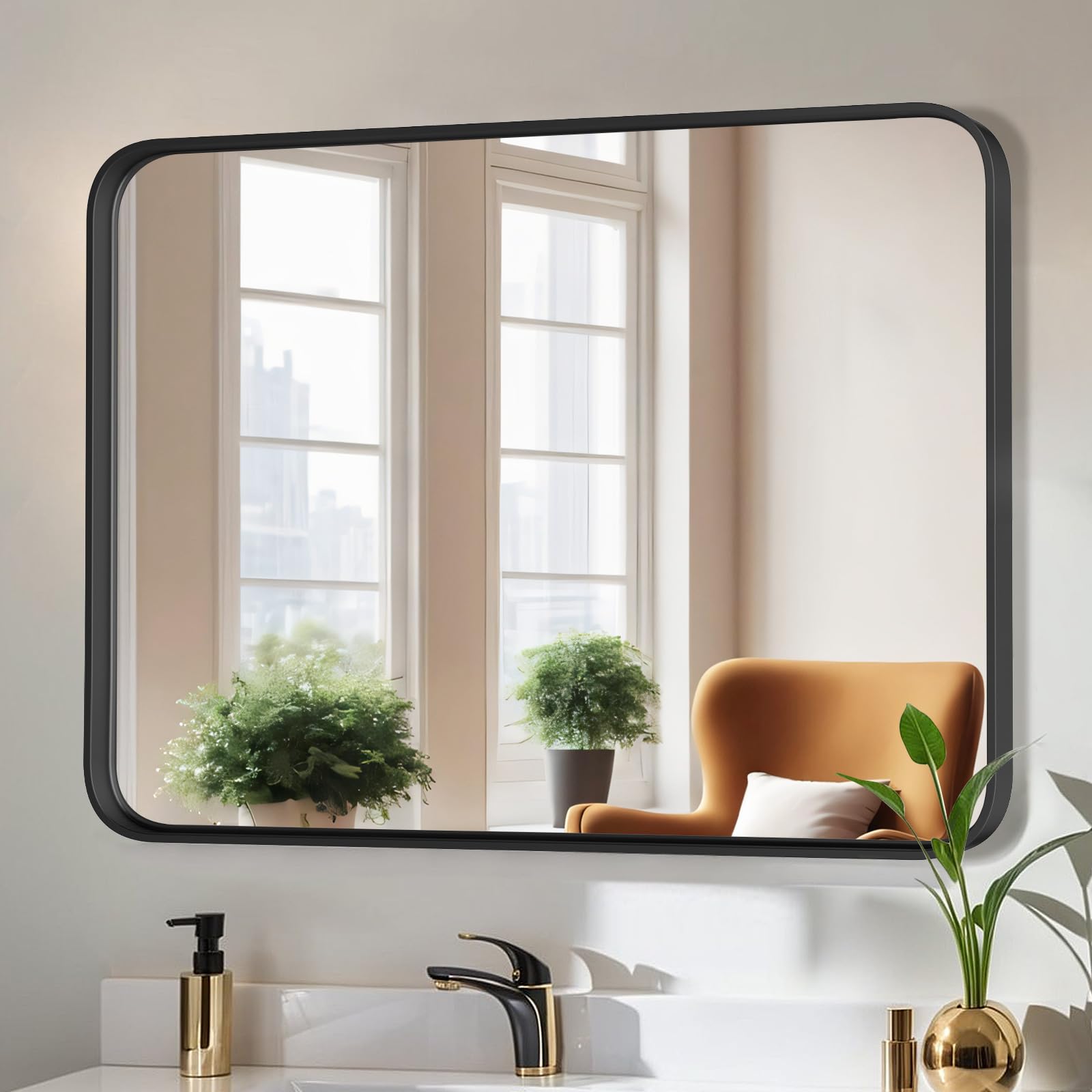 Bathroom Mirror for Wall, 24 Inch Round Mirror, Matte Black Metal Framed Circle Vanity Mirror for Bathroom Bedroom Living Room Entryway, Anti-Rust, Tempered Glass, Hanging or Leaning