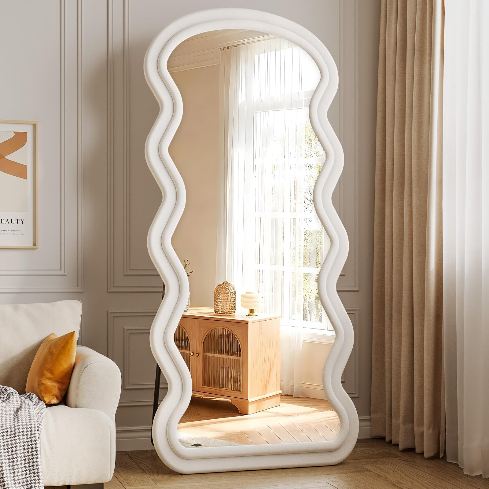 Irregular Full Length Mirror, 63"x24" Flannel Full Body Mirrors, Velvet Floor Mirrors with Stand, Irregular Wavy Mirror Hanging or Leaning Against Wall for Bedroom Living Room, Brown