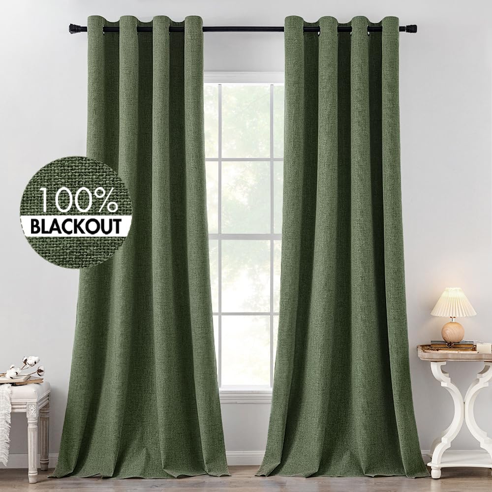 MIULEE Linen Texture Curtains for Bedroom Solid 100% Blackout Thermal Insulated Dusty Blue Curtains Grommet Room Darkening Drapes Luxury Decor for Living Room Nursery 52x84 Inch (2 Panels)