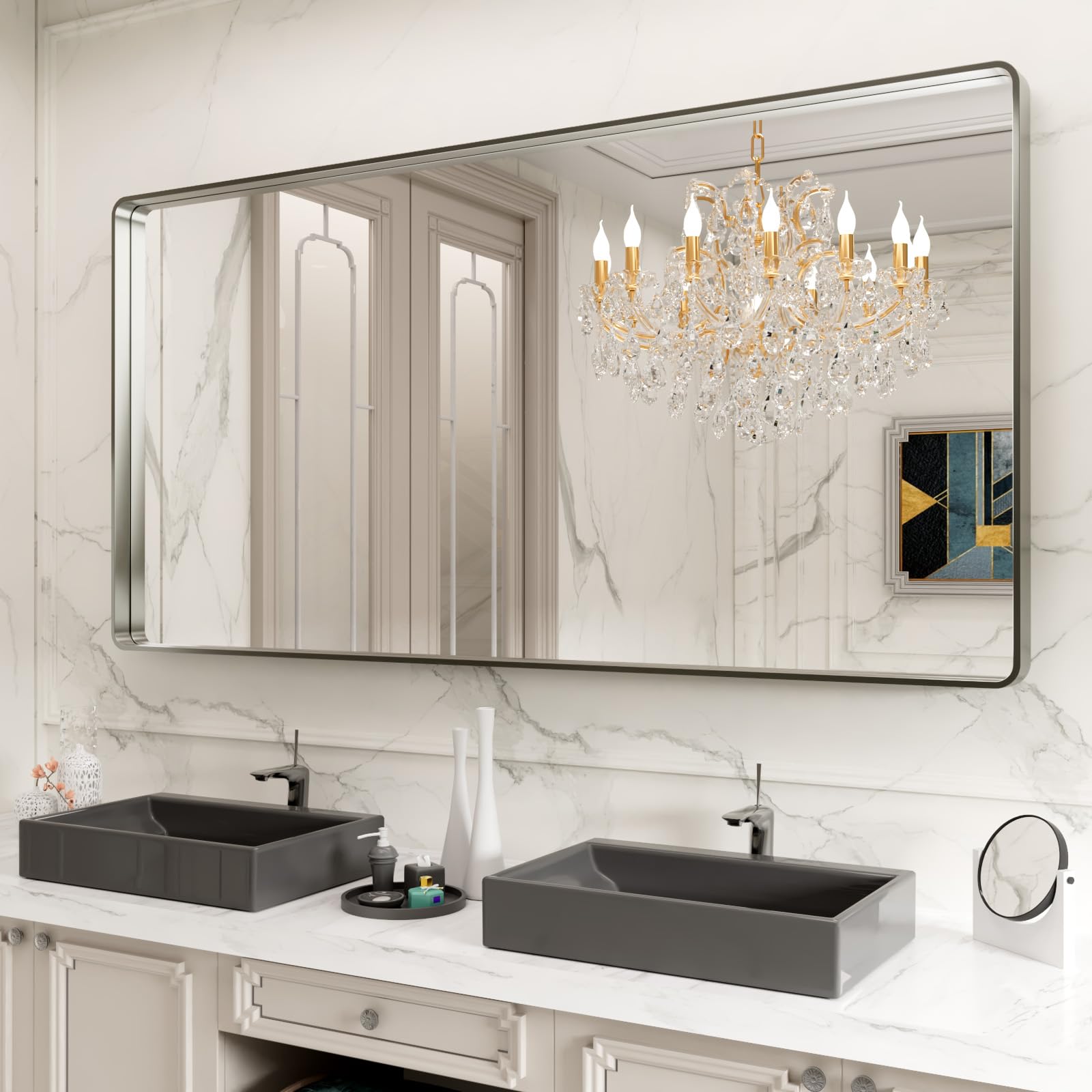LOAAO Black Metal Framed Bathroom Mirror for Wall, 22X30 Inch Rounded Rectangle Mirror, Matte Black Bathroom Vanity Mirror Farmhouse, Anti-Rust, Hangs Horizontally or Vertically
