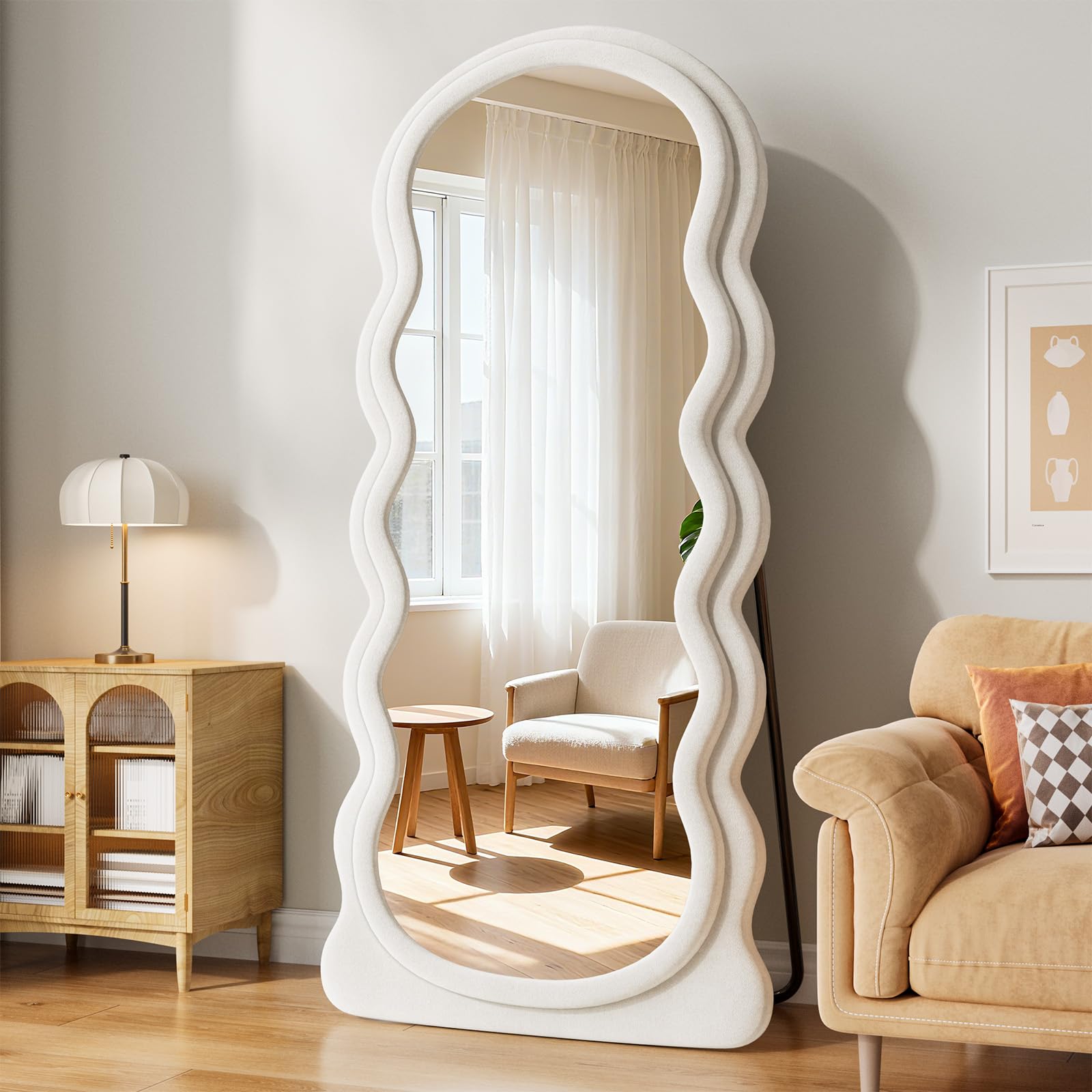 Irregular Full Length Mirror, 63"x24" Flannel Full Body Mirrors, Velvet Floor Mirrors with Stand, Irregular Wavy Mirror Hanging or Leaning Against Wall for Bedroom Living Room, Brown
