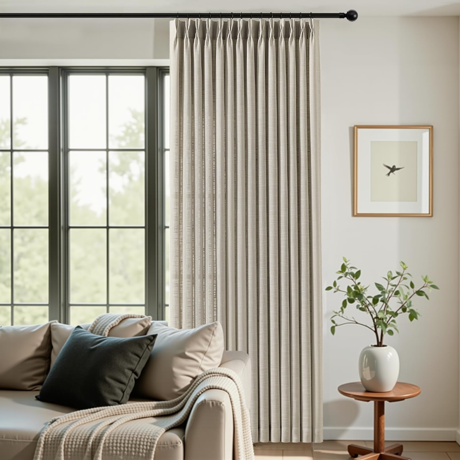 Pinch Pleated Linen Curtains 84 Inch Length 2 Panels Set, Light Filtering Linen Blend Sheer Drapes Memory Trained Pleated Curtain Back Tab with Hooks Rings for Living Room Bedroom, Natural, W40xL84