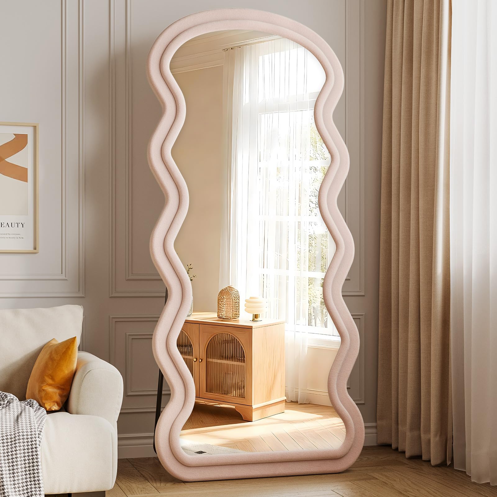Irregular Full Length Mirror, 63"x24" Flannel Full Body Mirrors, Velvet Floor Mirrors with Stand, Irregular Wavy Mirror Hanging or Leaning Against Wall for Bedroom Living Room, Brown