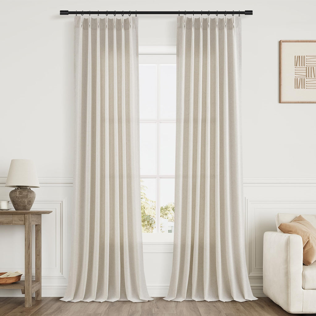 Extra Long Linen Curtains 108 Inch for Living Room Cream Pinch Pleated 9 FT Drapes Semi Sheer Ceiling to Floor Curtain for Bedroom Back Tab Flax Neutral Boho Decor Window, Natural Beige Ivory 2 Panels