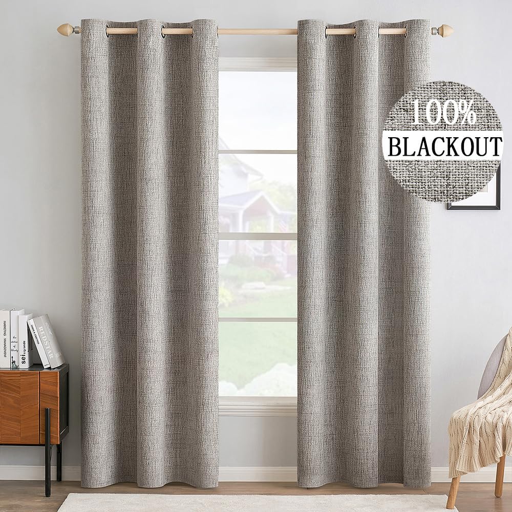 MIULEE Linen Texture Curtains for Bedroom Solid 100% Blackout Thermal Insulated Dusty Blue Curtains Grommet Room Darkening Drapes Luxury Decor for Living Room Nursery 52x84 Inch (2 Panels)