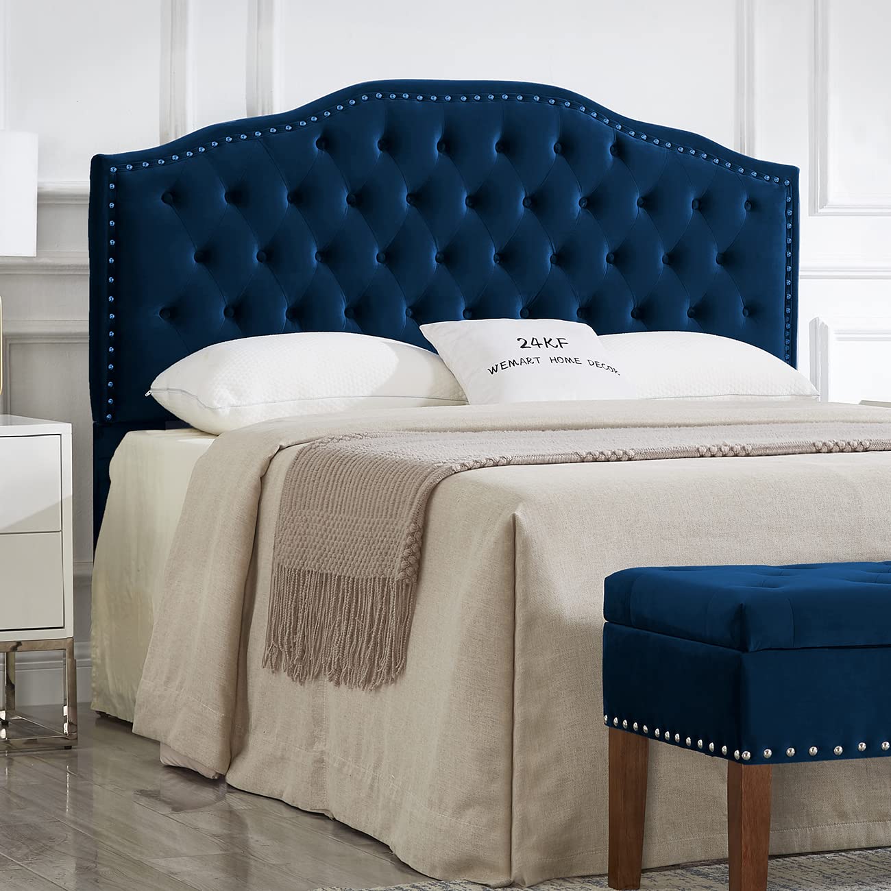 24KF Upholstered Button Tufted Queen Headboard with Nailhead Trim, Elegant Boucle Fabric Full headboard, 6031-Q-Boucle-Ivory