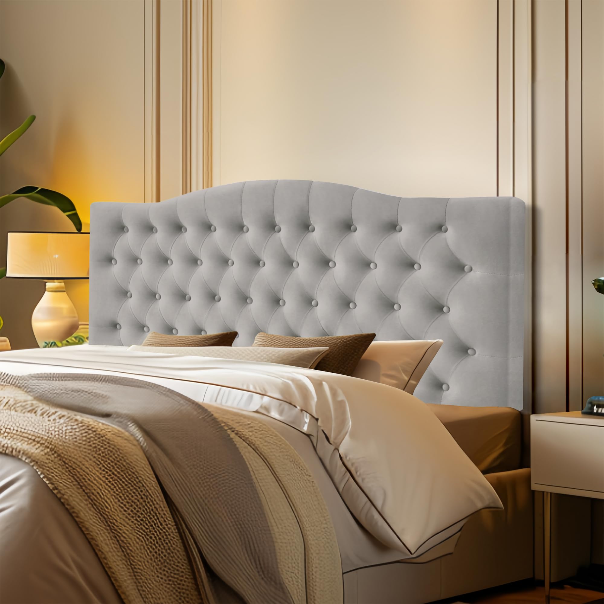 Furpopup Linen Upholstered Headboard Queen/Full Size Bed Tufted Button Headboard, Featuring High-Density Sponge Padding, Luxury Texture Easy Assembly Comfort and Style-Ivory
