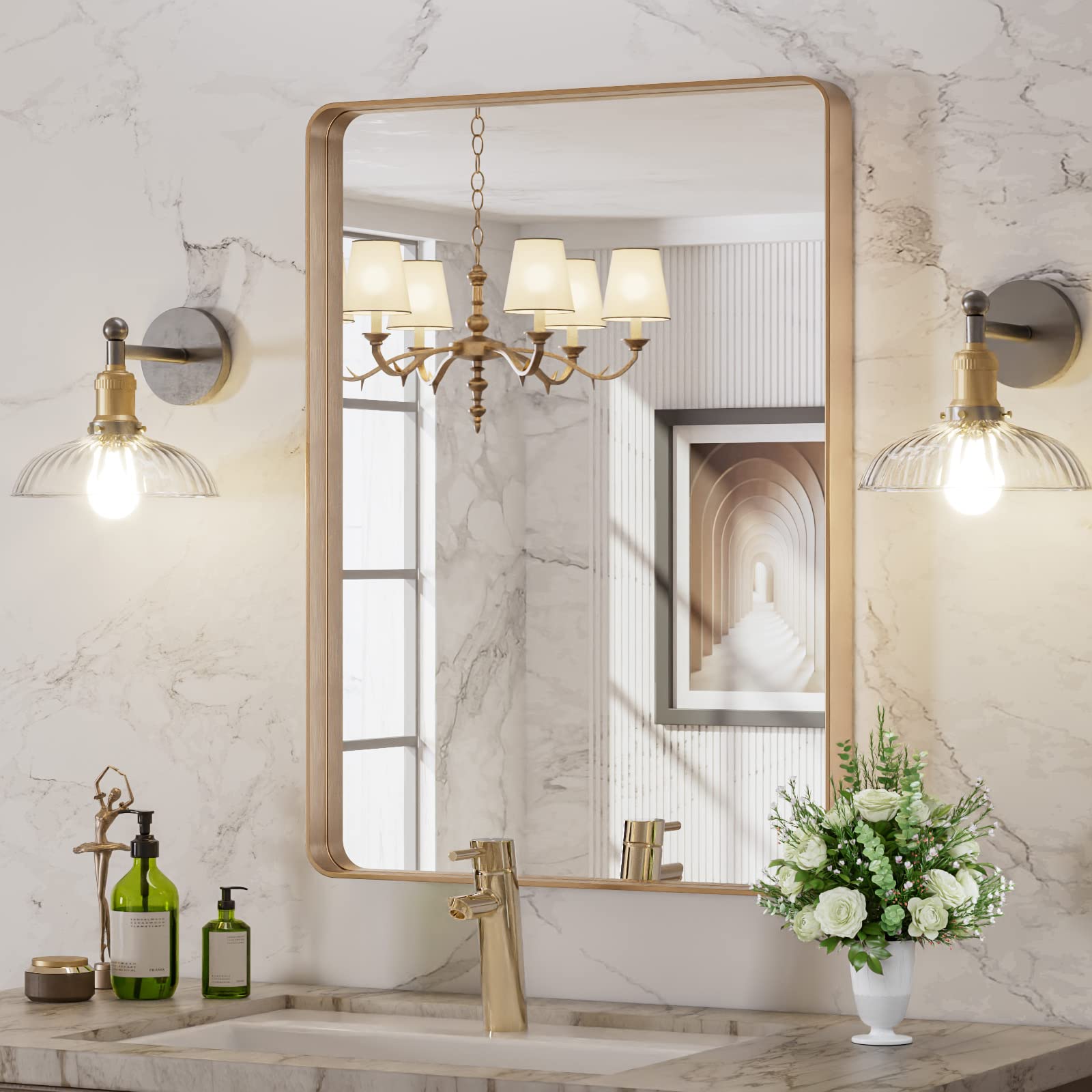 LOAAO Black Metal Framed Bathroom Mirror for Wall, 22X30 Inch Rounded Rectangle Mirror, Matte Black Bathroom Vanity Mirror Farmhouse, Anti-Rust, Hangs Horizontally or Vertically