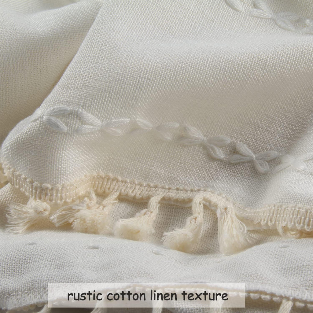 Boho Curtains Semi-Blackout 84 Inch 2 Panels for Living Room, Linen Tassels Farmhouse Curtains with Embroidery for Bedroom Rod Pocket Draperies 52" W x 84" L, Off White