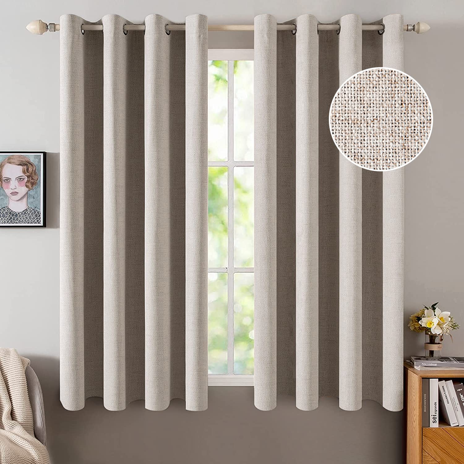 MIULEE Linen Texture Curtains for Bedroom Solid 100% Blackout Thermal Insulated Dusty Blue Curtains Grommet Room Darkening Drapes Luxury Decor for Living Room Nursery 52x84 Inch (2 Panels)