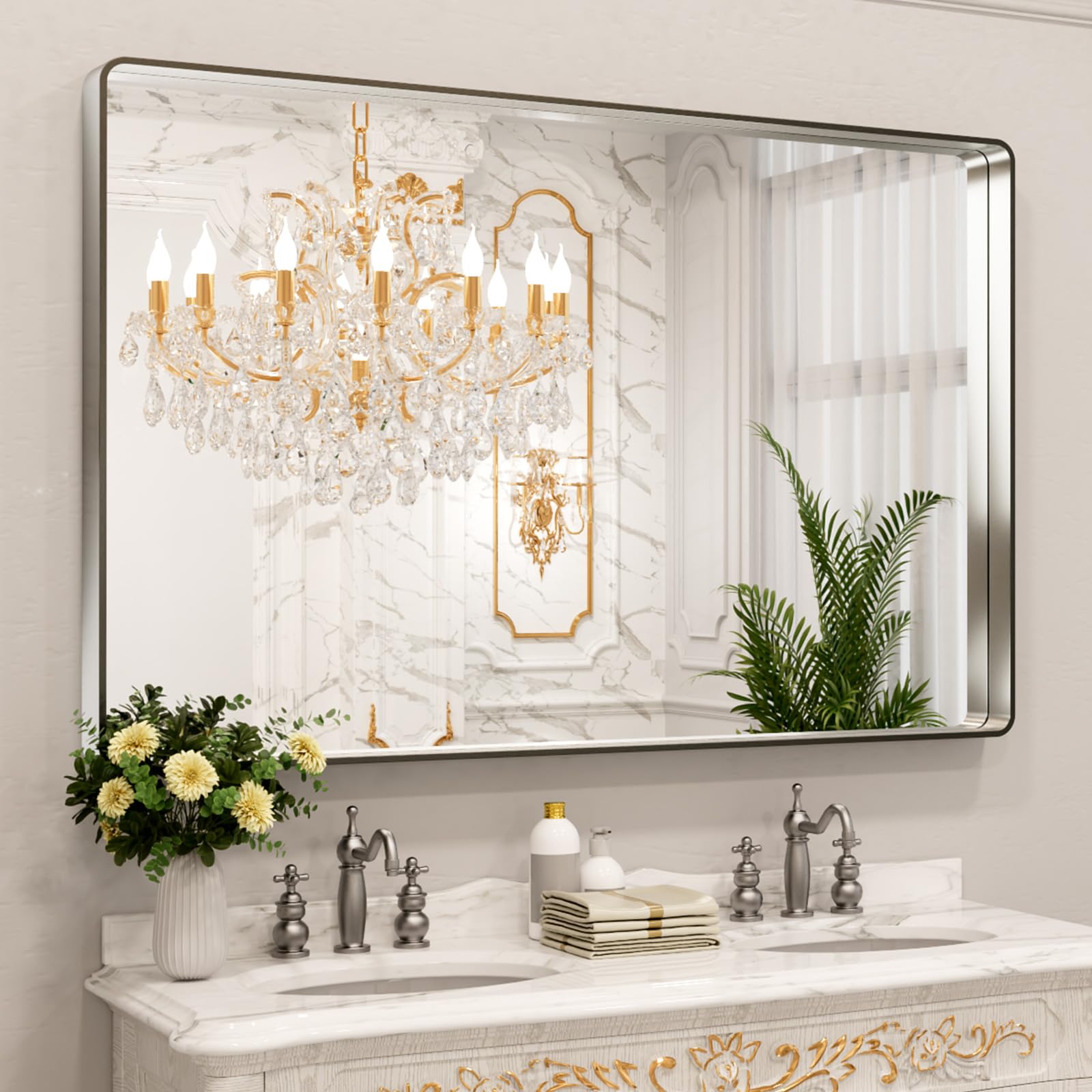 LOAAO Black Metal Framed Bathroom Mirror for Wall, 22X30 Inch Rounded Rectangle Mirror, Matte Black Bathroom Vanity Mirror Farmhouse, Anti-Rust, Hangs Horizontally or Vertically