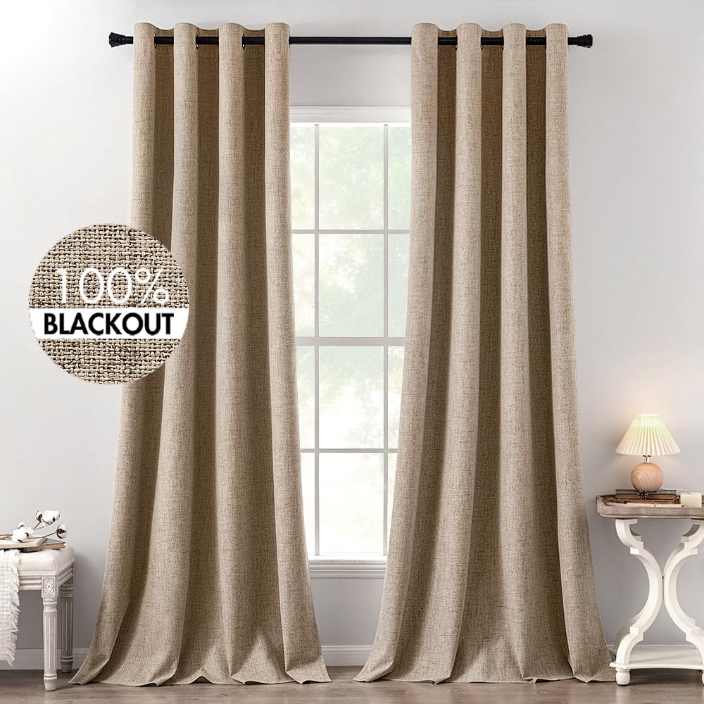 MIULEE 100% Blackout Linen Textured Curtains for Bedroom Solid Thermal Insulated Natural Beige Grommet Room Darkening Curtains & Drapes Luxury Decor for Living Room Nursery 52 x 96 Inch (2 Panels)