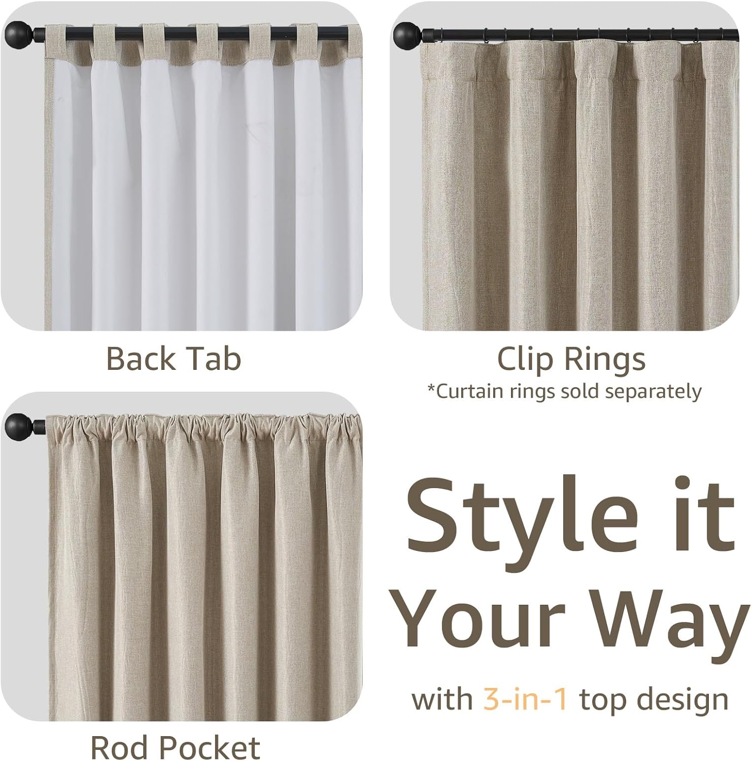 2-Panel Beige Linen-Effect Blackout Curtains, 52"W×96"L, Thermal Lined Polyester Drapes for Living Room & Bedroom