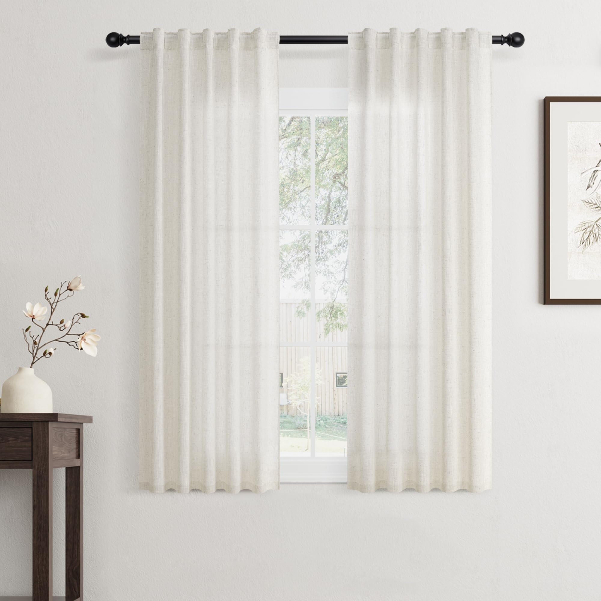 Flax Linen Beige Curtains 96 inches Long 2 Panel for Living Room Back Tab Pocket Drapes Semi Sheer Privacy Khaki Window Curtain Country Rustic Farmhouse Cloth Curtain for Dinning Room Tan