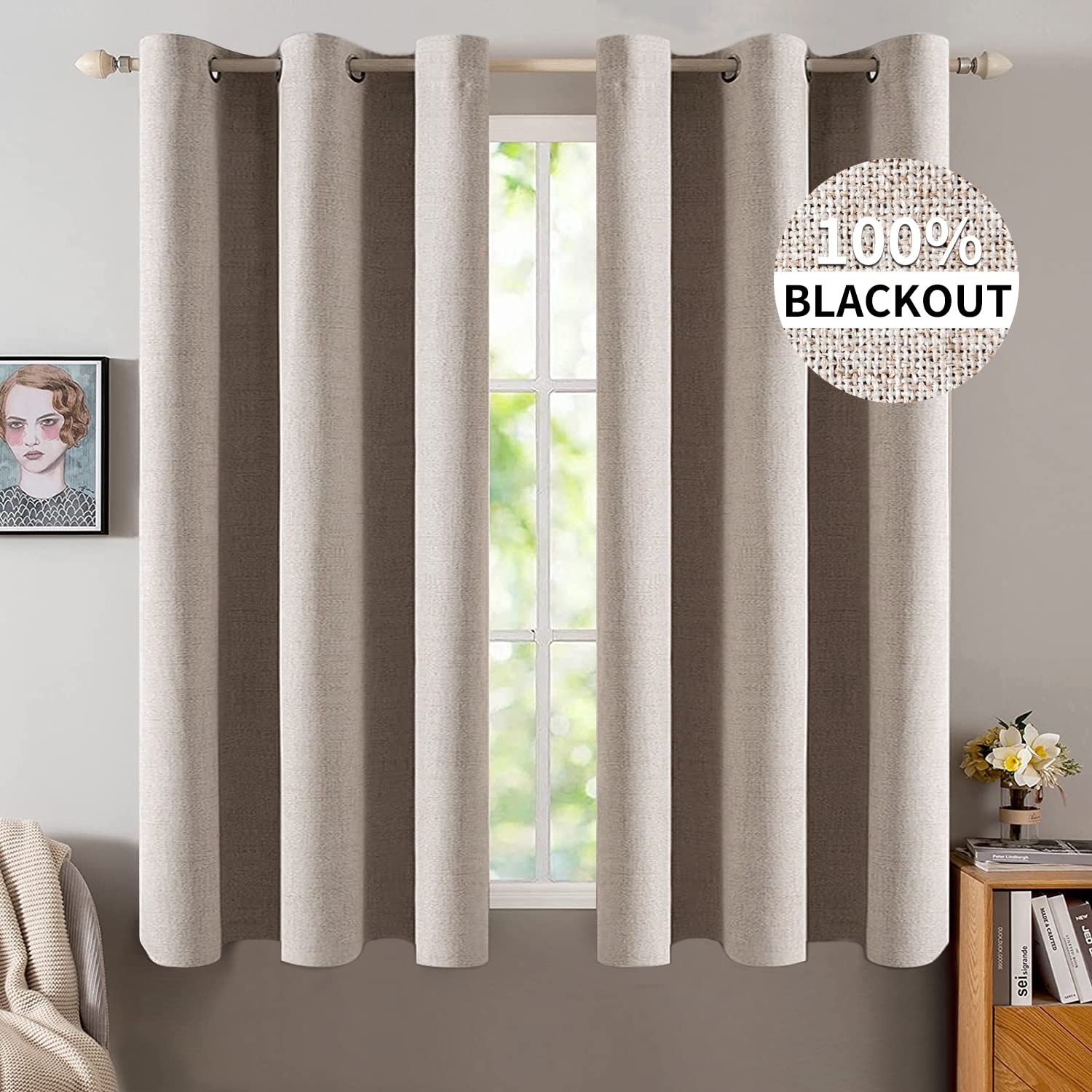 MIULEE Linen Texture Curtains for Bedroom Solid 100% Blackout Thermal Insulated Dusty Blue Curtains Grommet Room Darkening Drapes Luxury Decor for Living Room Nursery 52x84 Inch (2 Panels)